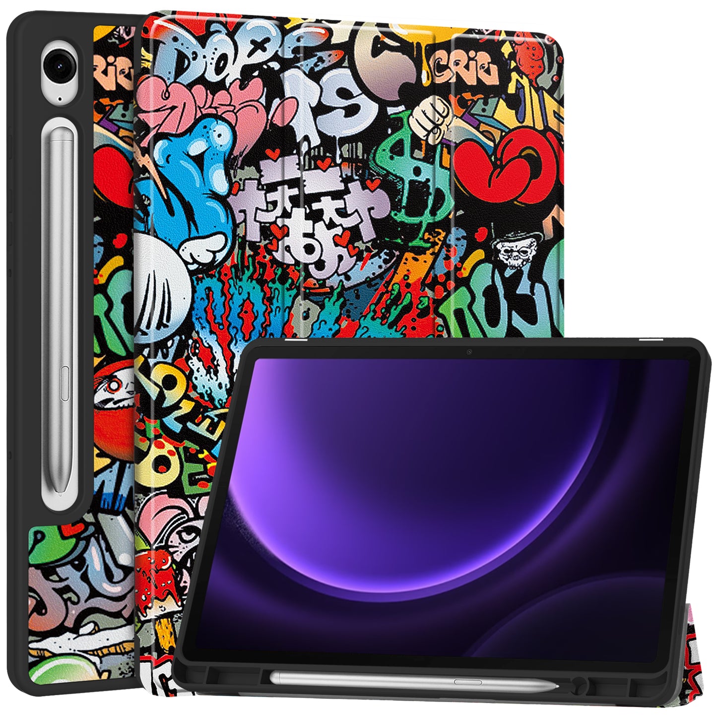For Samsung Galaxy Tab S9 FE / Tab S9 Case Leather Pattern Printing Smart Tablet Cover with Pencil Holder - Graffiti