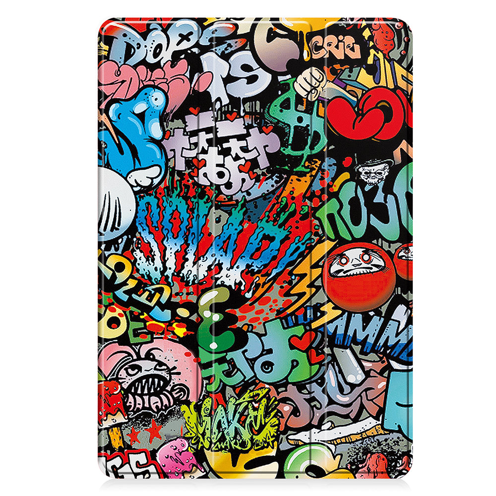 For Samsung Galaxy Tab S9 FE / Tab S9 Case Leather Pattern Printing Smart Tablet Cover with Pencil Holder - Graffiti