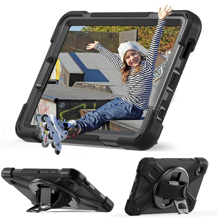 For Samsung Galaxy Tab A9 Case Rotary Kickstand PC+Silicone Hand Strap Tablet Cover - Black