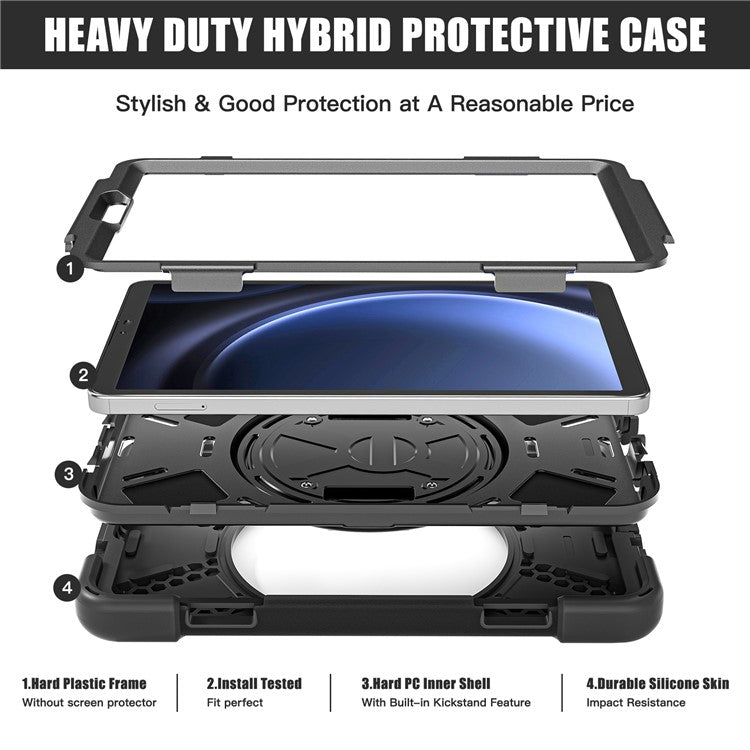 For Samsung Galaxy Tab A9 Case Rotary Kickstand PC+Silicone Hand Strap Tablet Cover - Black