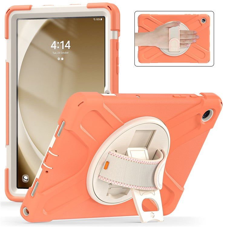 For Samsung Galaxy Tab A9+ Case PC+Silicone Rotary Kickstand Cover with Hand Strap - Orange