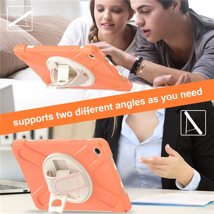 For Samsung Galaxy Tab A9+ Case PC+Silicone Rotary Kickstand Cover with Hand Strap - Orange