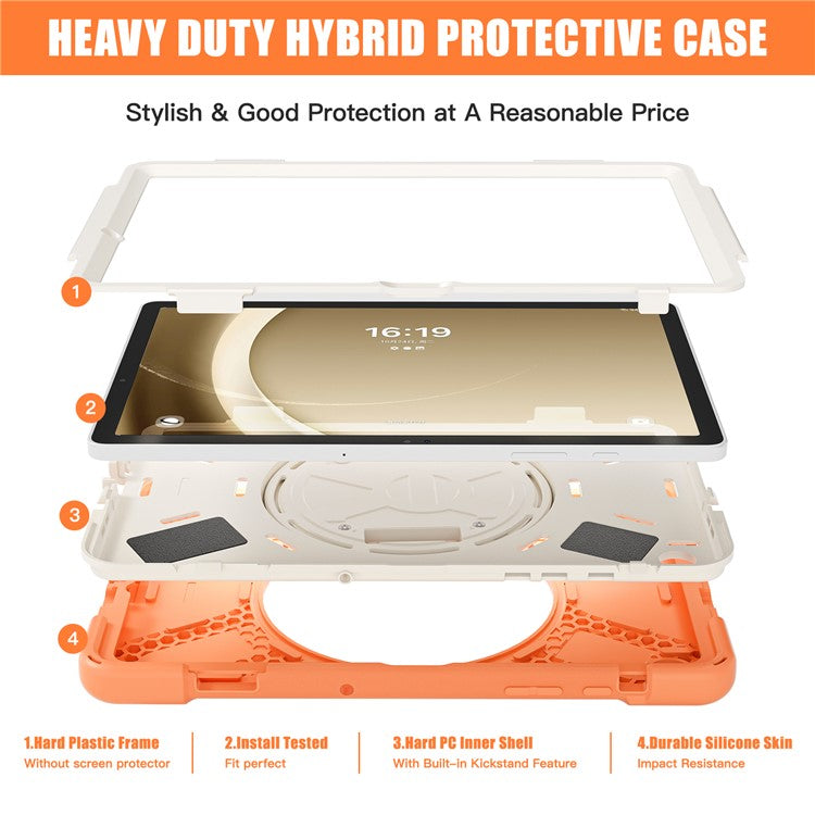 For Samsung Galaxy Tab A9+ Case PC+Silicone Rotary Kickstand Cover with Hand Strap - Orange