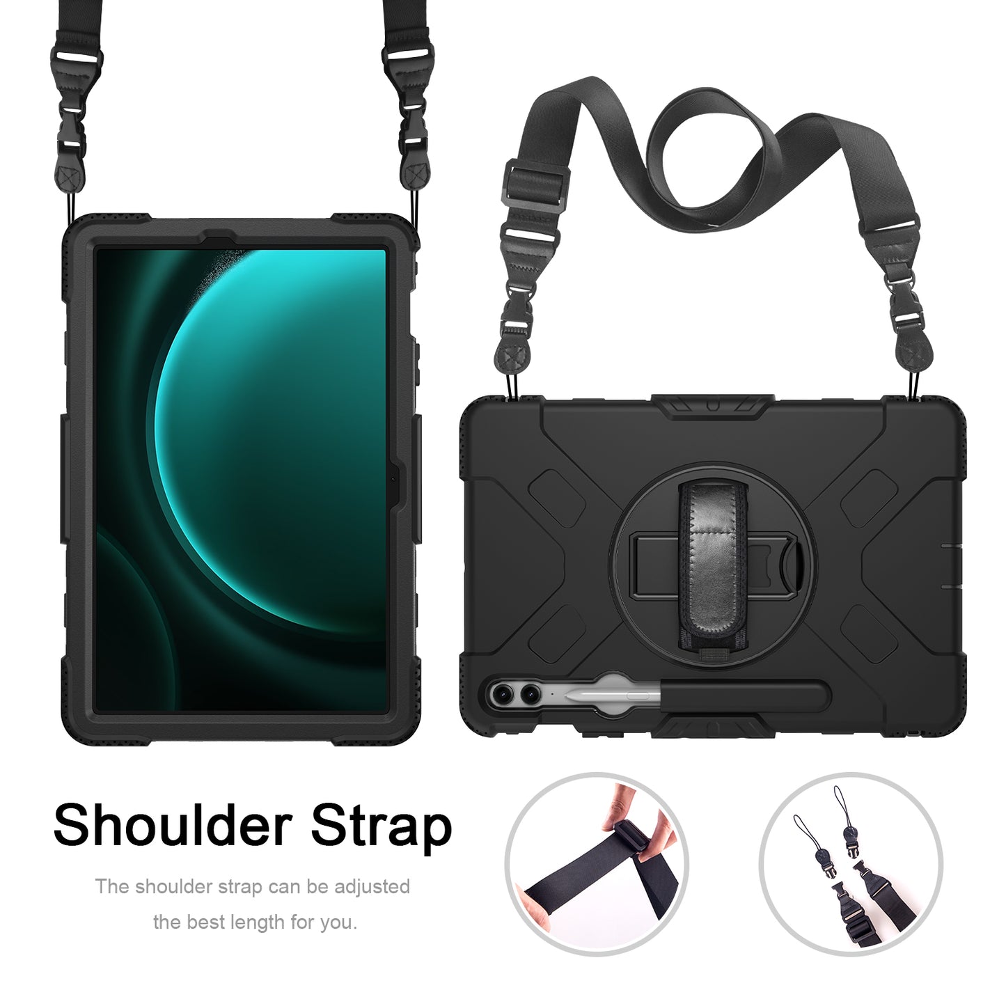 For Samsung Galaxy Tab S9+ / S9 FE+ Case PC + Silicone Tablet Kickstand Cover with Shoulder Strap