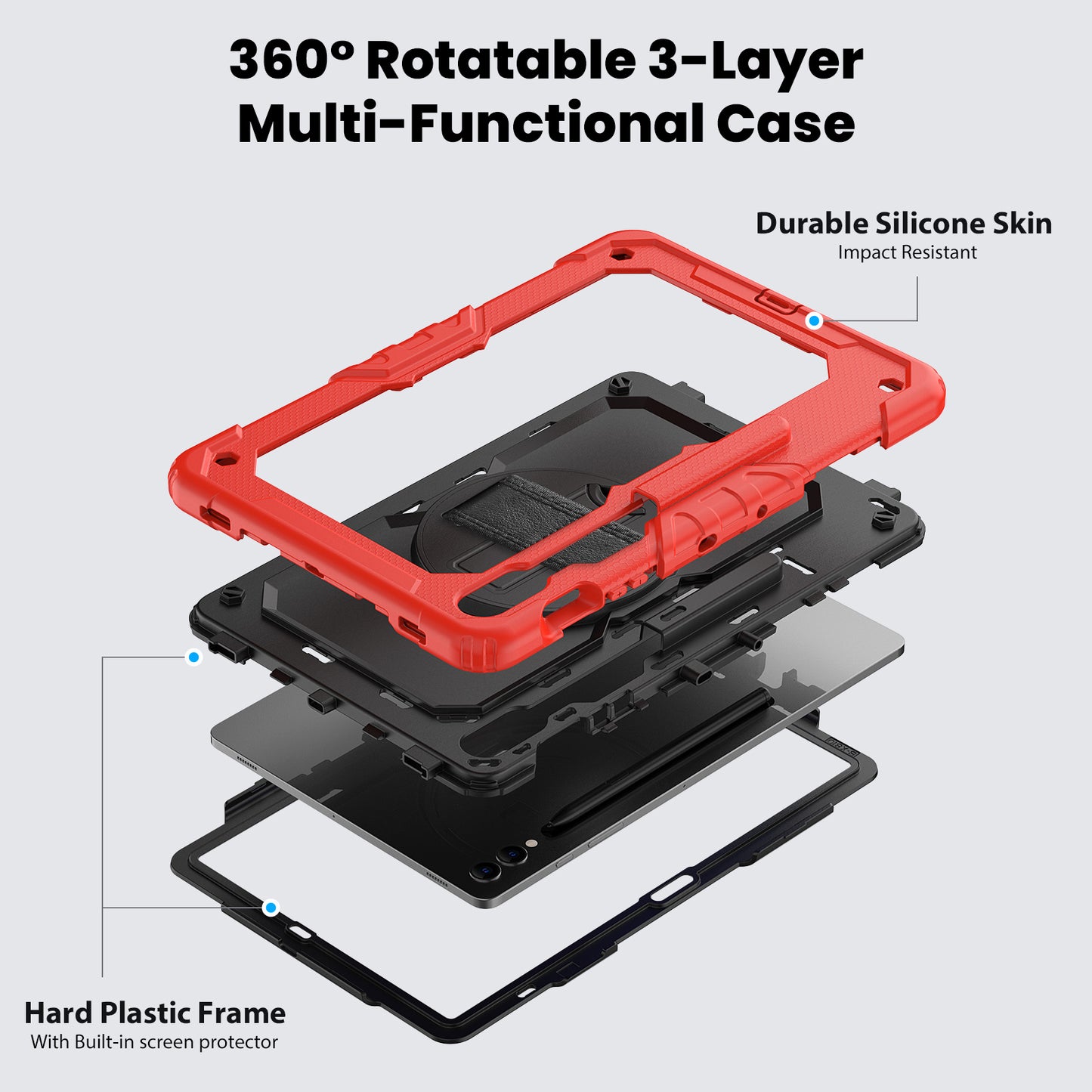 For Samsung Galaxy Tab S9 FE+ SM-X610 SM-X616B Tablet Cover PC+Silicone Case with PET Screen Protector and Kickstand - Black+Red