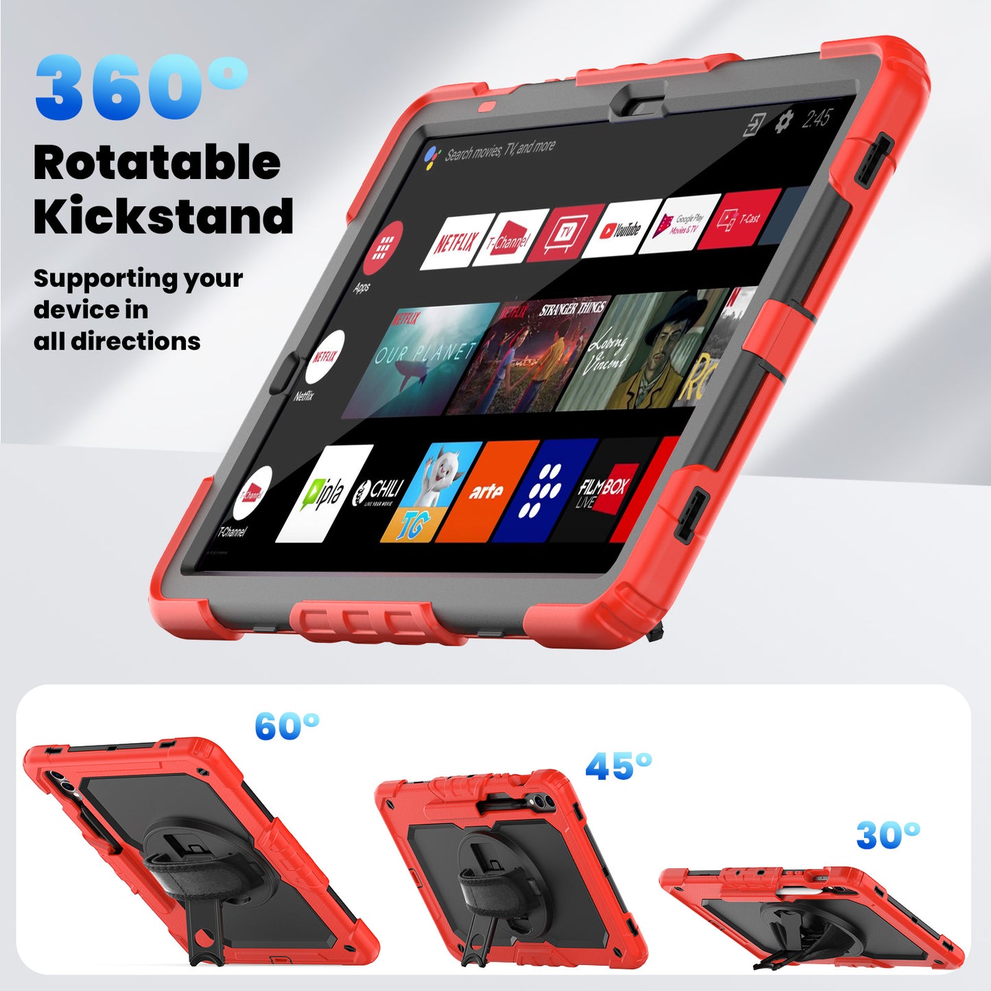 For Samsung Galaxy Tab S9 FE+ SM-X610 SM-X616B Tablet Cover PC+Silicone Case with PET Screen Protector and Kickstand - Black+Red
