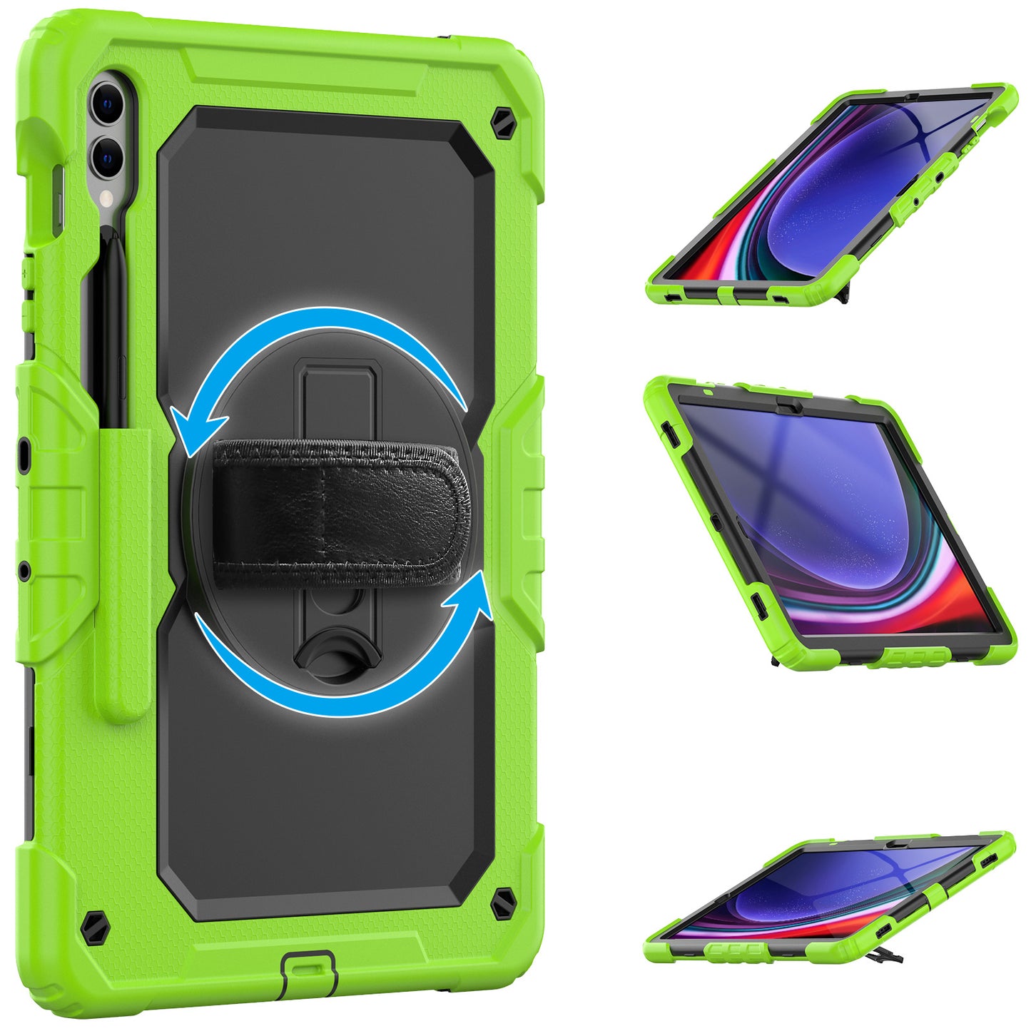 For Samsung Galaxy Tab S9 FE+ SM-X610 SM-X616B Tablet Cover PC+Silicone Case with PET Screen Protector and Kickstand - Black+Yellow-green