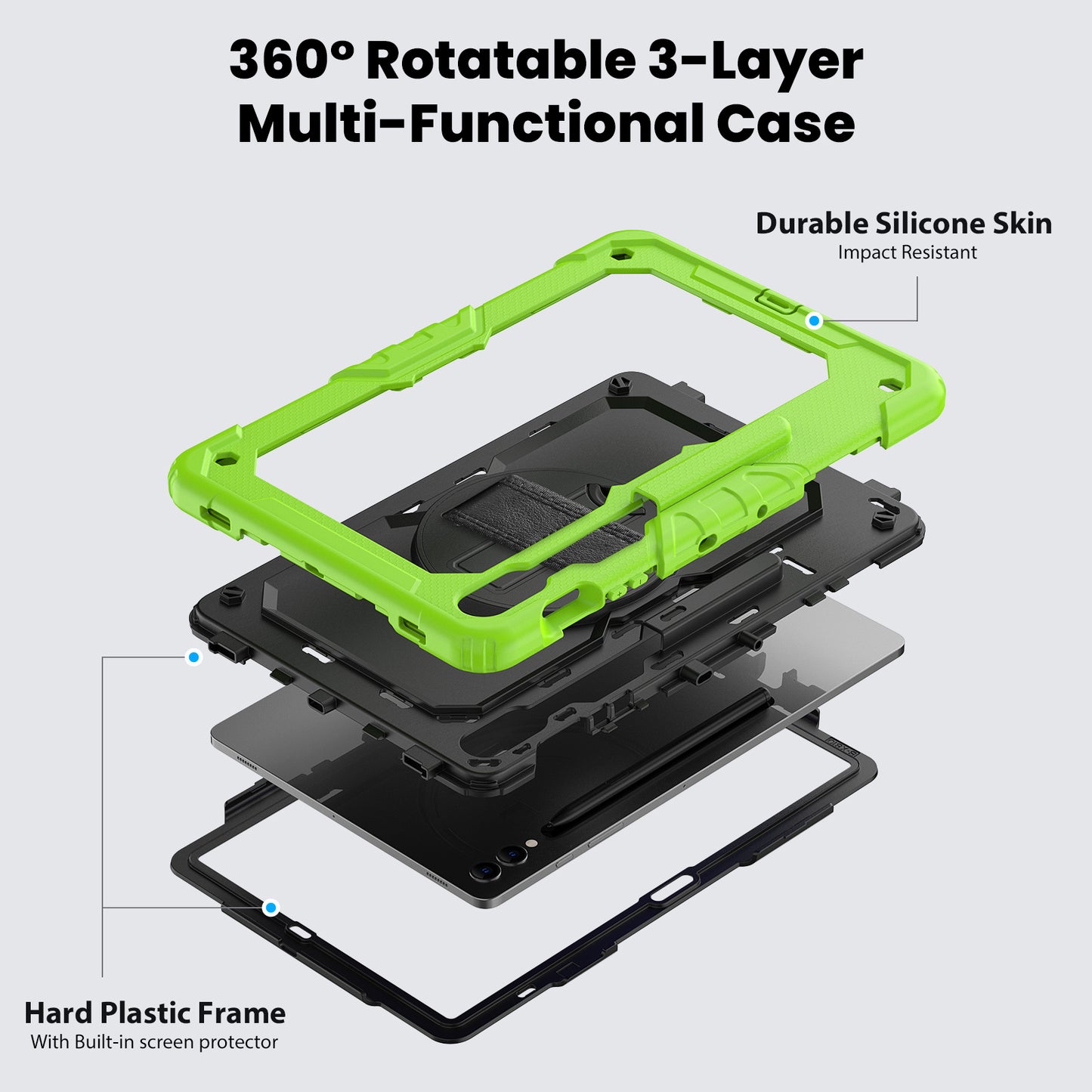 For Samsung Galaxy Tab S9 FE+ SM-X610 SM-X616B Tablet Cover PC+Silicone Case with PET Screen Protector and Kickstand - Black+Yellow-green