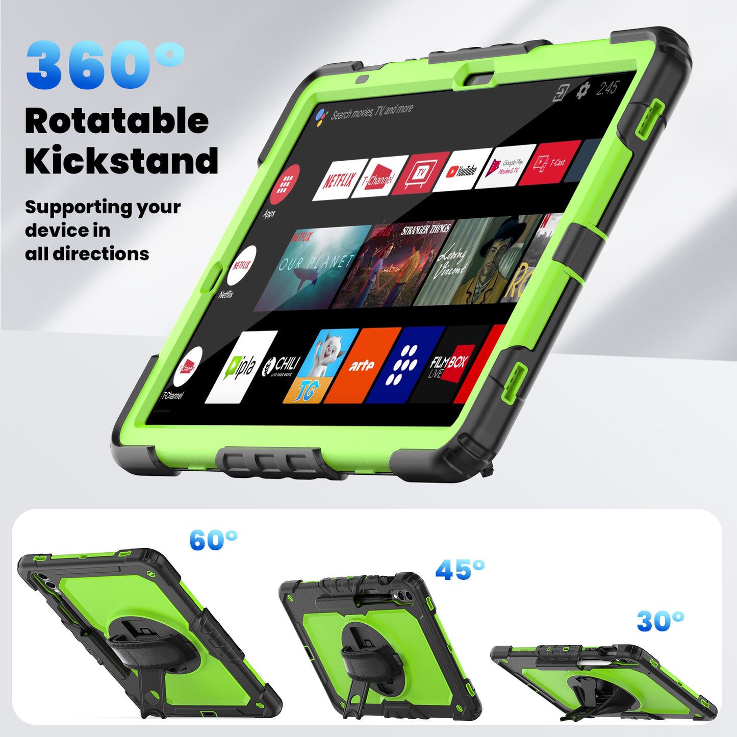 For Samsung Galaxy Tab S9 FE+ SM-X610 SM-X616B Tablet Cover PC+Silicone Case with PET Screen Protector and Kickstand - Yellow-green+Black