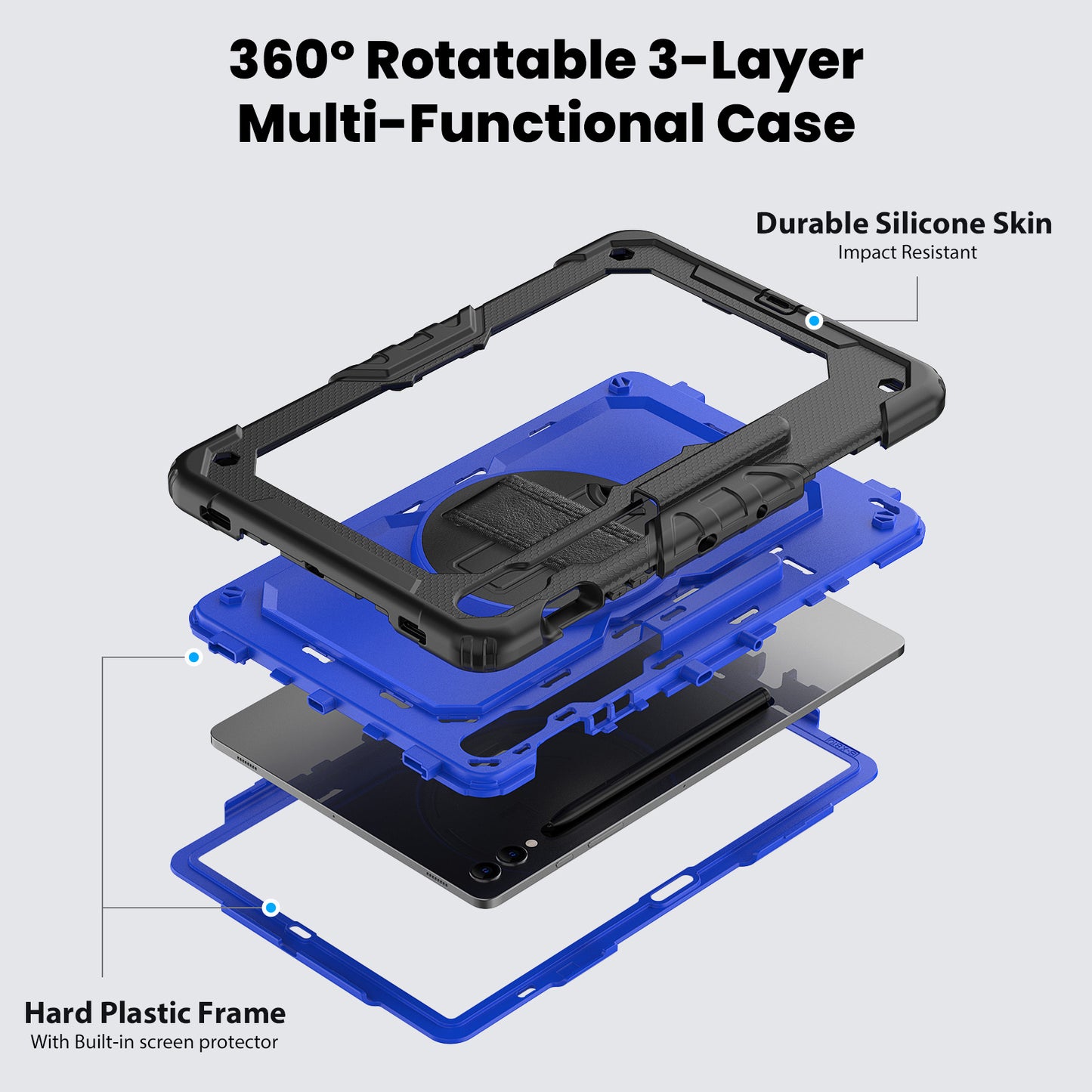 For Samsung Galaxy Tab S9 FE+ SM-X610 SM-X616B Tablet Cover PC+Silicone Case with PET Screen Protector and Kickstand - Dark Blue+Black