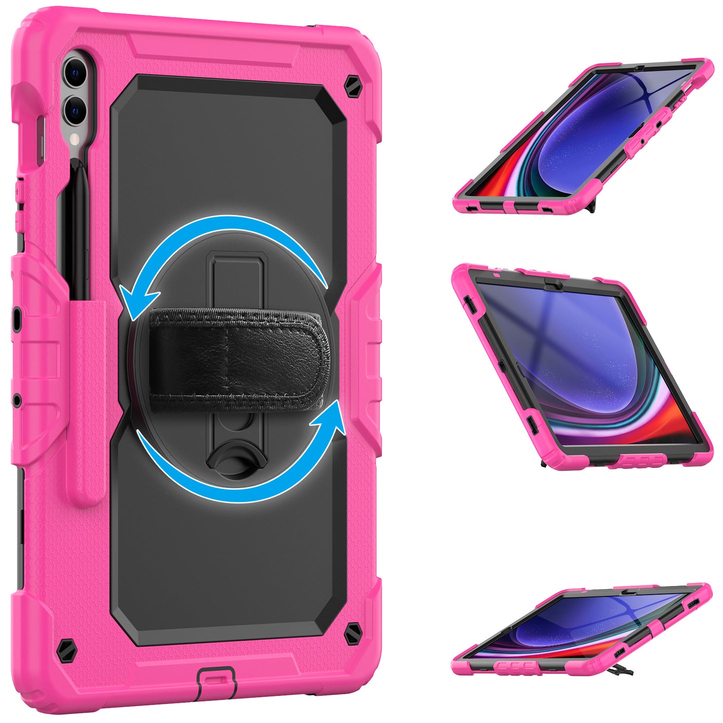 For Samsung Galaxy Tab S9 FE+ SM-X610 SM-X616B Tablet Cover PC+Silicone Case with PET Screen Protector and Kickstand - Black+Rose