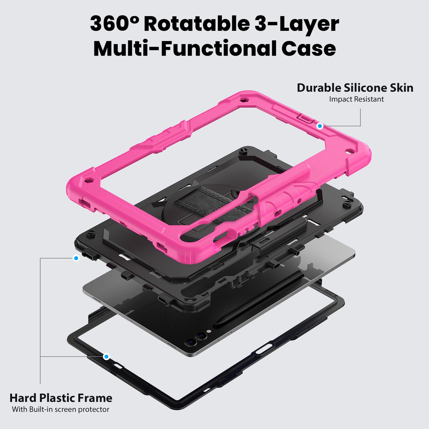 For Samsung Galaxy Tab S9 FE+ SM-X610 SM-X616B Tablet Cover PC+Silicone Case with PET Screen Protector and Kickstand - Black+Rose