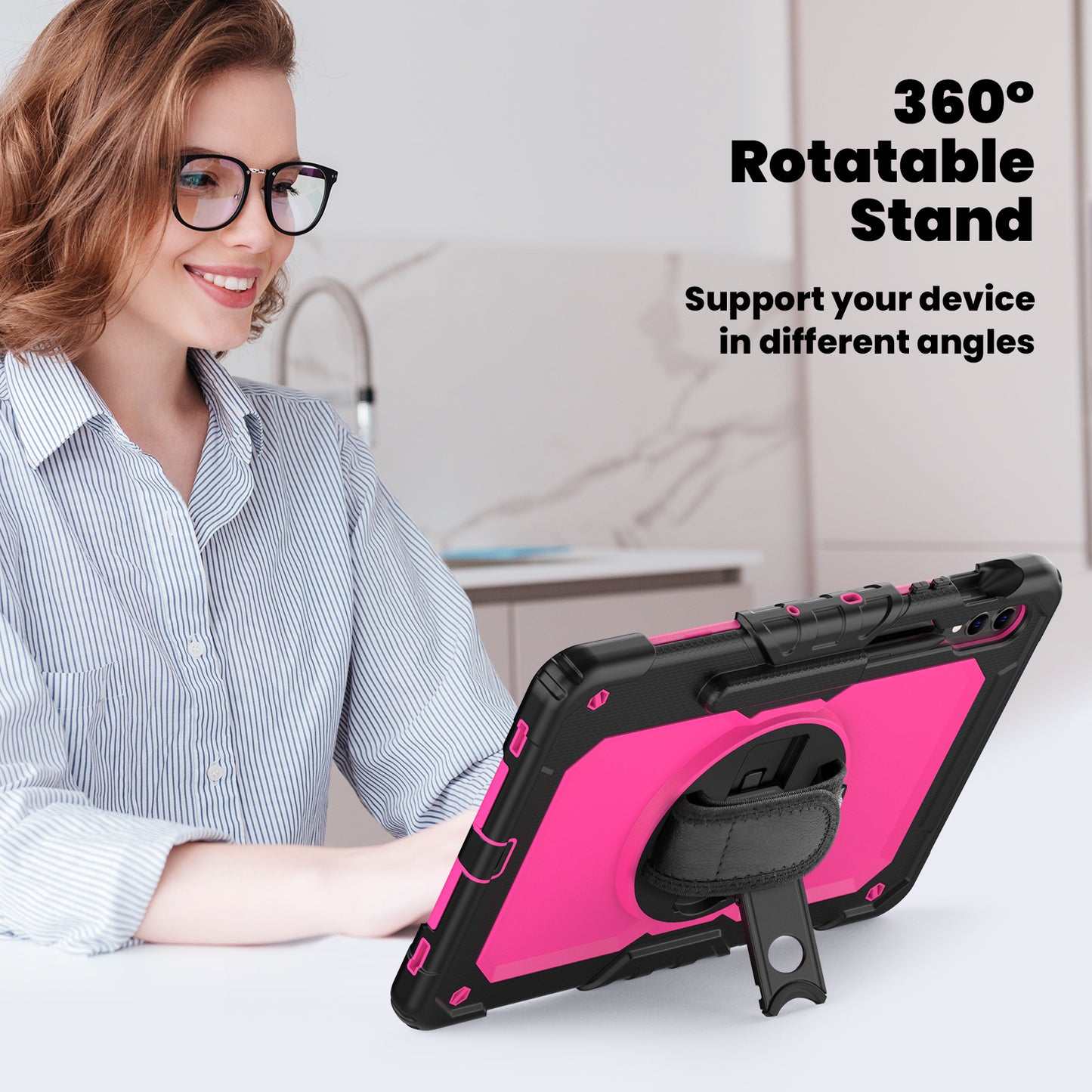 For Samsung Galaxy Tab S9 FE+ SM-X610 SM-X616B Tablet Cover PC+Silicone Case with PET Screen Protector and Kickstand - Rose +Black