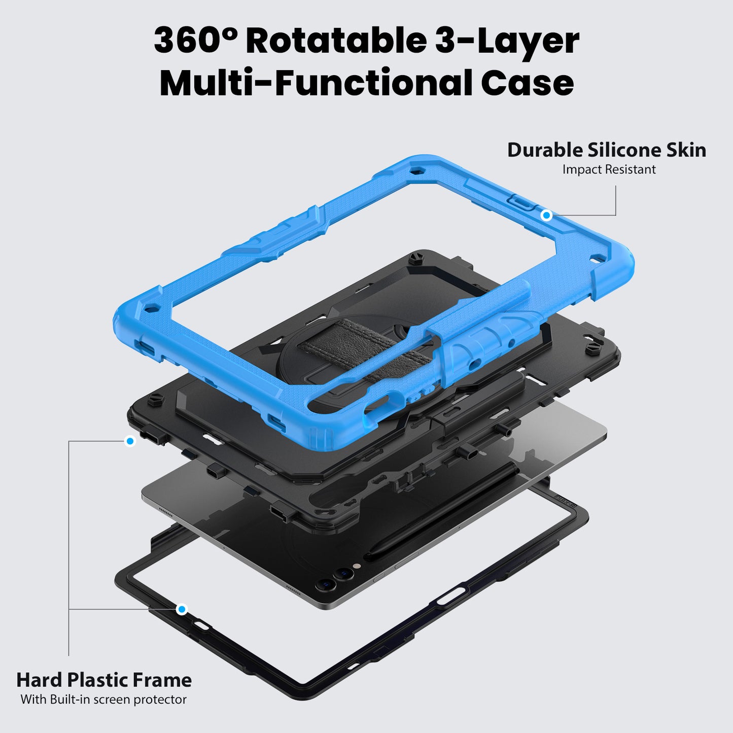 For Samsung Galaxy Tab S9 FE+ SM-X610 SM-X616B Tablet Cover PC+Silicone Case with PET Screen Protector and Kickstand - Black+Blue