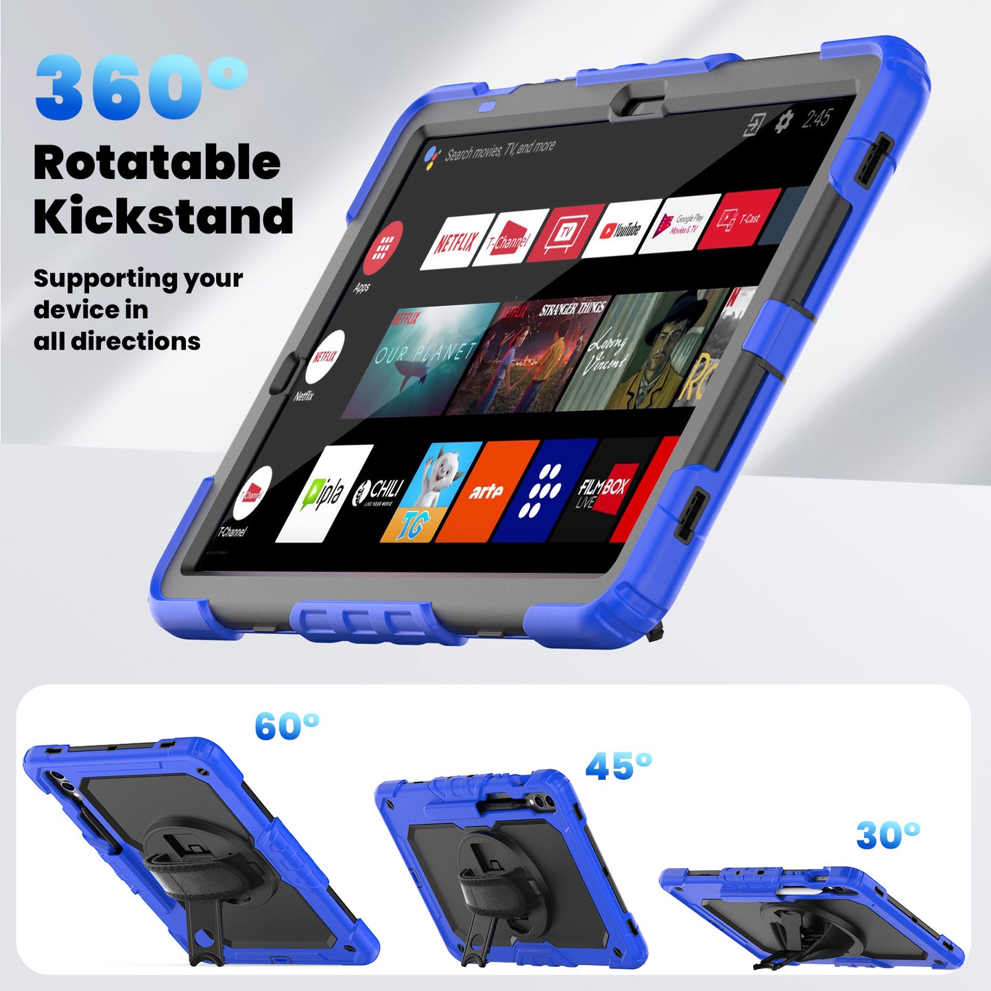 For Samsung Galaxy Tab S9 FE+ SM-X610 SM-X616B Tablet Cover PC+Silicone Case with PET Screen Protector and Kickstand - Black+Dark Blue