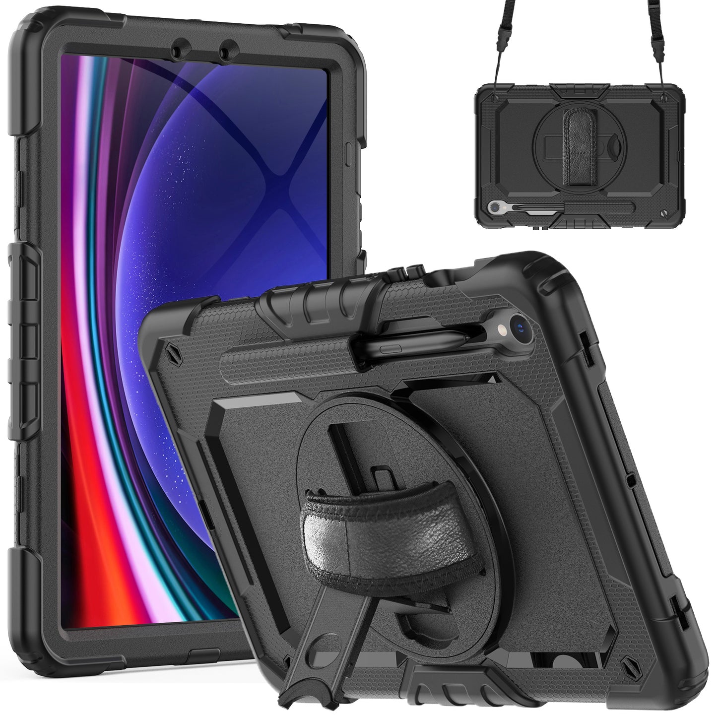 For Samsung Galaxy Tab S9 FE SM-X510 SM-X516B PC+Silicone Cover Kickstand Tablet Case with PET Screen Protector and Hand Strap - Black+Black