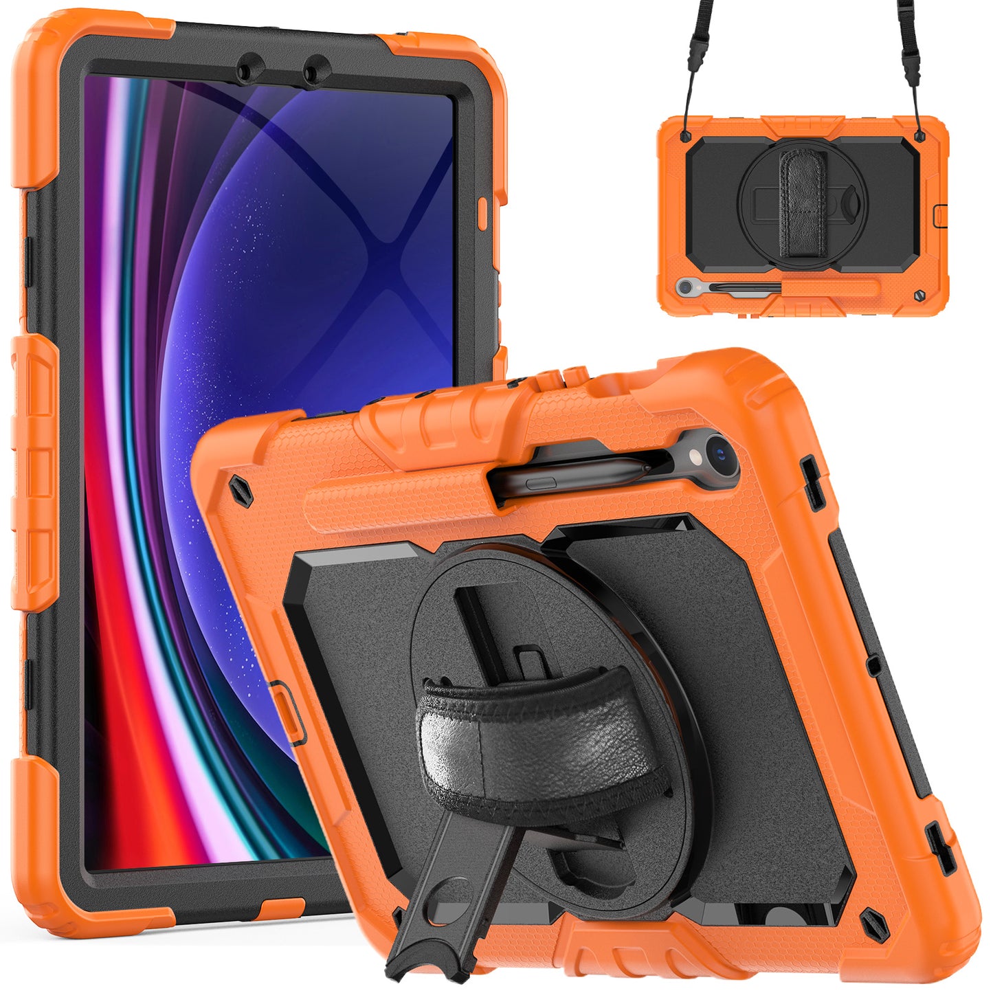 For Samsung Galaxy Tab S9 FE SM-X510 SM-X516B PC+Silicone Cover Kickstand Tablet Case with PET Screen Protector and Hand Strap - Black+Orange