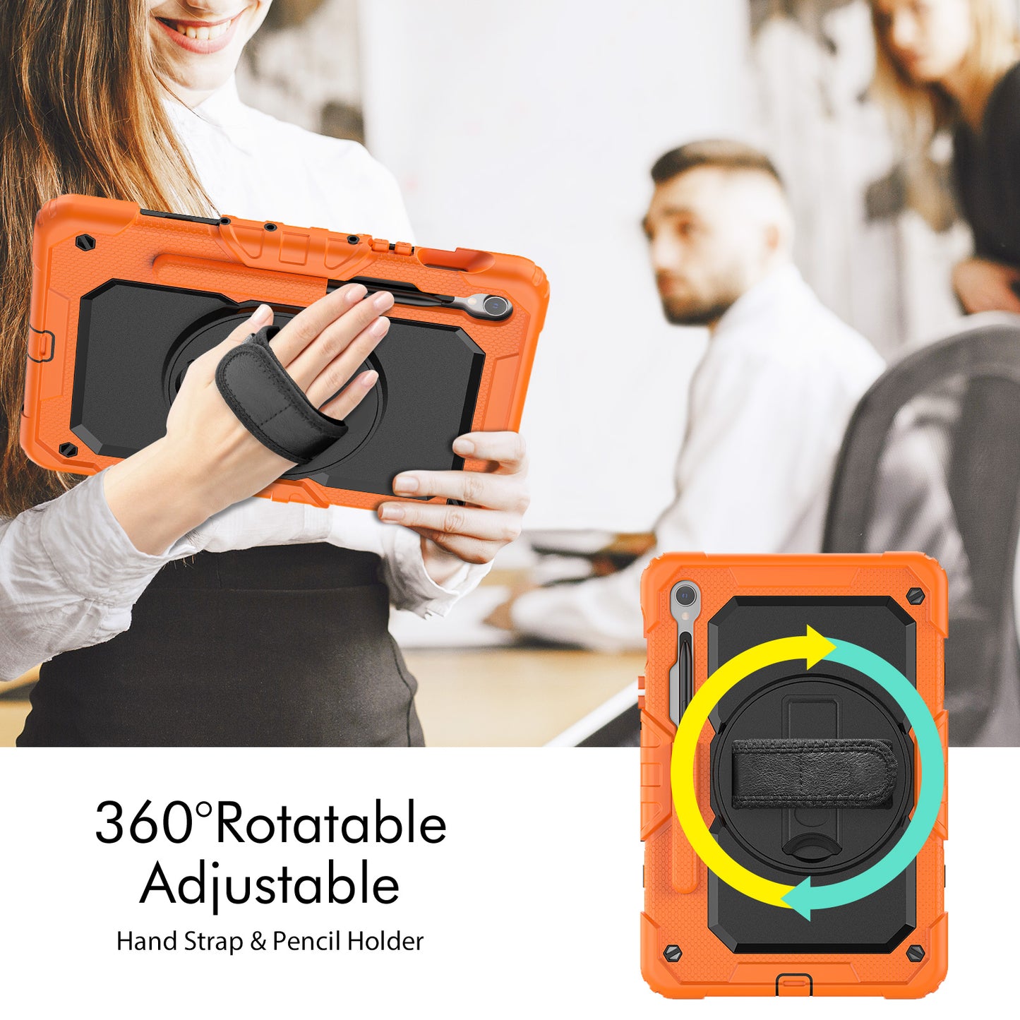 For Samsung Galaxy Tab S9 FE SM-X510 SM-X516B PC+Silicone Cover Kickstand Tablet Case with PET Screen Protector and Hand Strap - Black+Orange