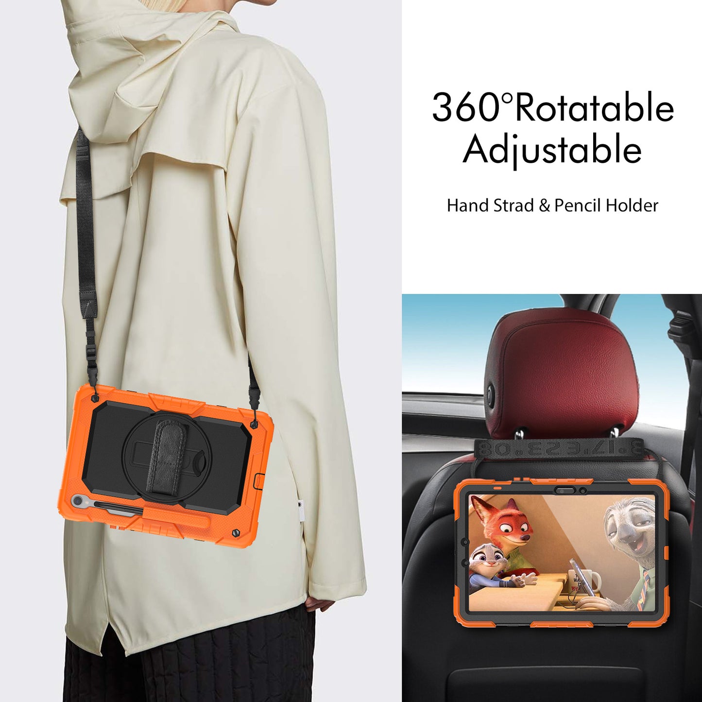 For Samsung Galaxy Tab S9 FE SM-X510 SM-X516B PC+Silicone Cover Kickstand Tablet Case with PET Screen Protector and Hand Strap - Black+Orange