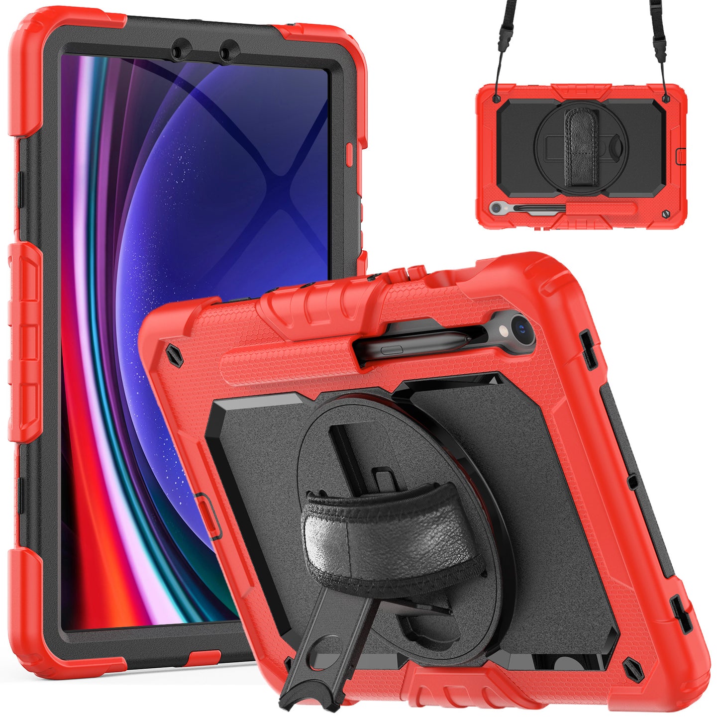 For Samsung Galaxy Tab S9 FE SM-X510 SM-X516B PC+Silicone Cover Kickstand Tablet Case with PET Screen Protector and Hand Strap - Black+Red