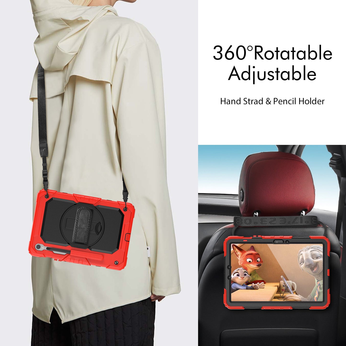 For Samsung Galaxy Tab S9 FE SM-X510 SM-X516B PC+Silicone Cover Kickstand Tablet Case with PET Screen Protector and Hand Strap - Black+Red