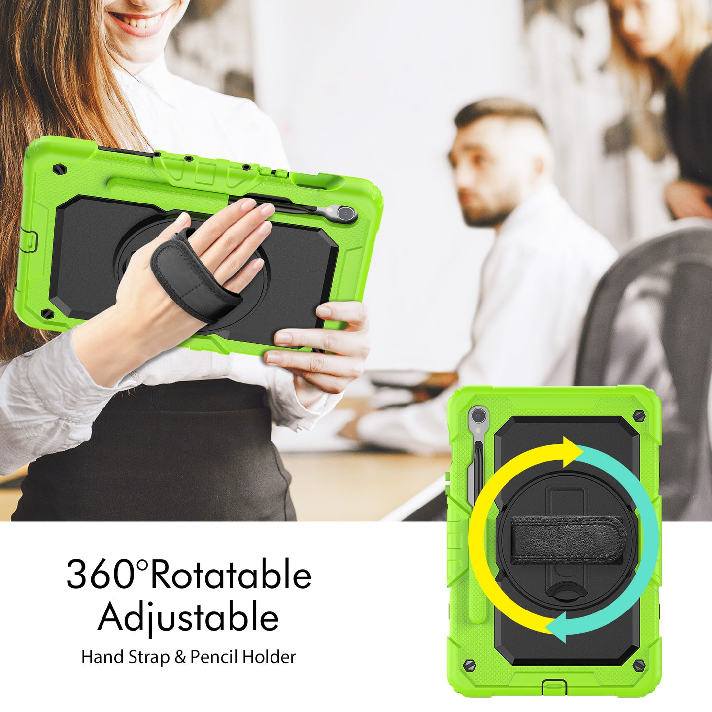 For Samsung Galaxy Tab S9 FE SM-X510 SM-X516B PC+Silicone Cover Kickstand Tablet Case with PET Screen Protector and Hand Strap - Black+Yellow-green