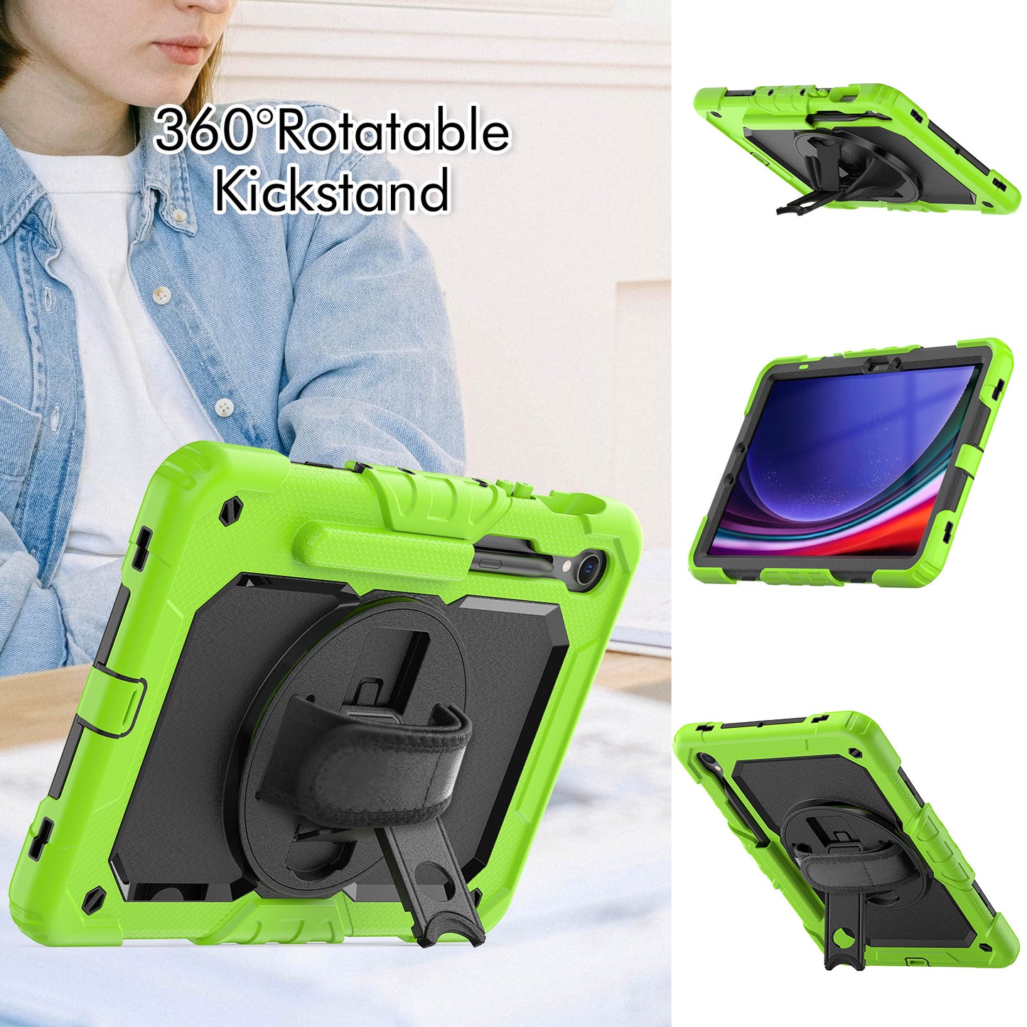 For Samsung Galaxy Tab S9 FE SM-X510 SM-X516B PC+Silicone Cover Kickstand Tablet Case with PET Screen Protector and Hand Strap - Black+Yellow-green