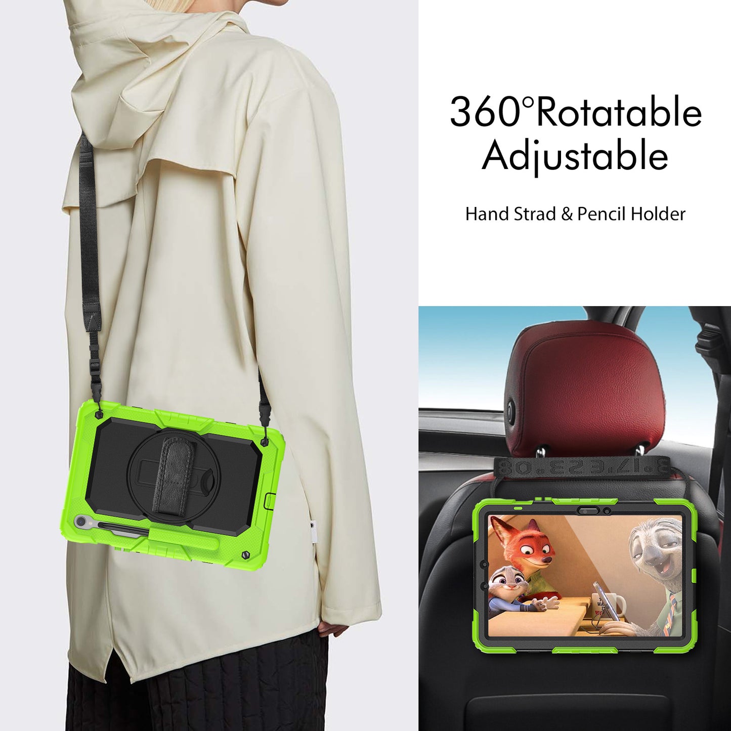 For Samsung Galaxy Tab S9 FE SM-X510 SM-X516B PC+Silicone Cover Kickstand Tablet Case with PET Screen Protector and Hand Strap - Black+Yellow-green