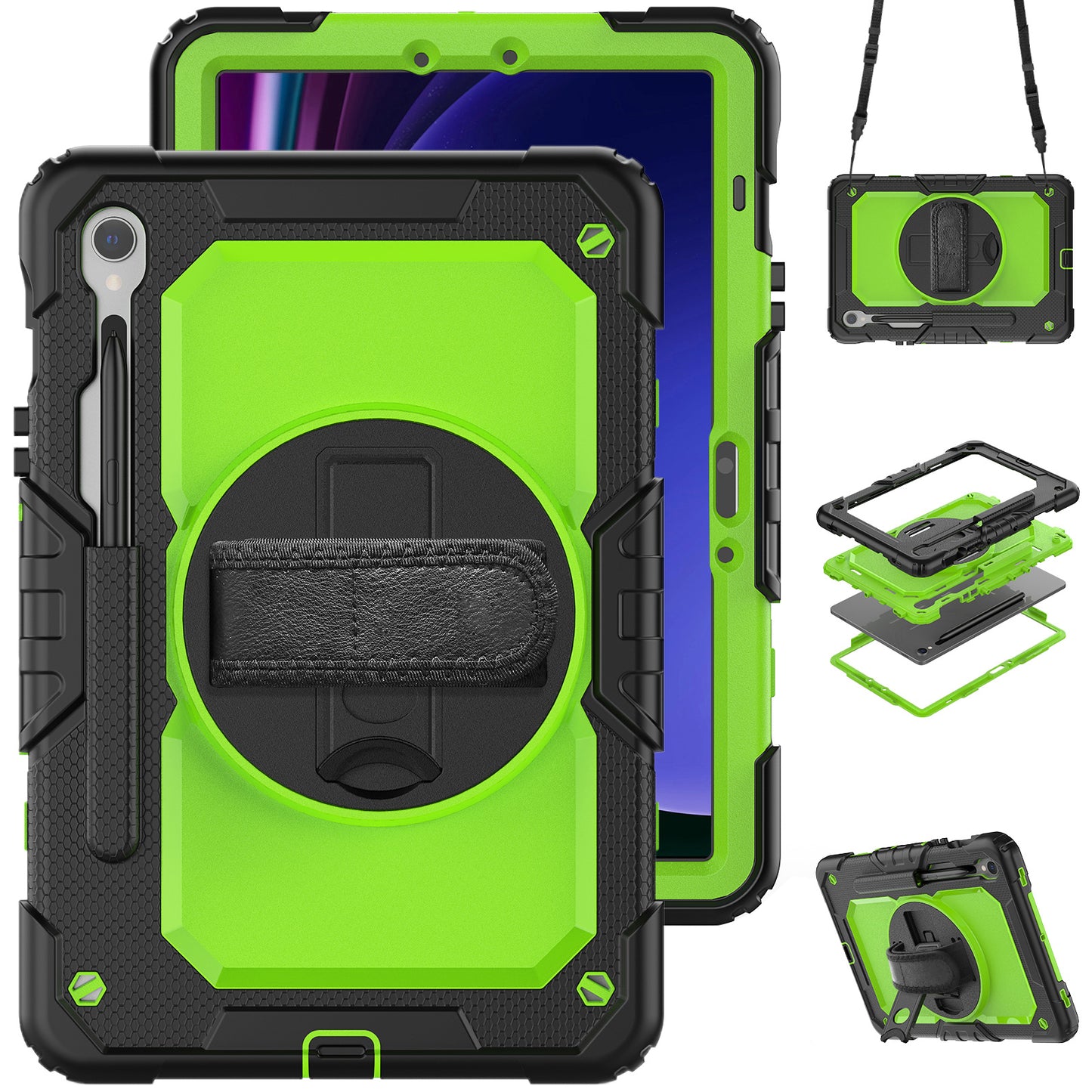 For Samsung Galaxy Tab S9 FE SM-X510 SM-X516B PC+Silicone Cover Kickstand Tablet Case with PET Screen Protector and Hand Strap - Yellow-green+Black