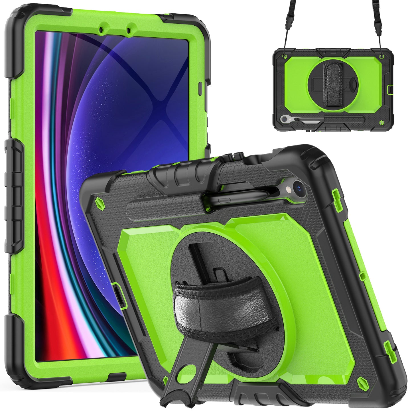 For Samsung Galaxy Tab S9 FE SM-X510 SM-X516B PC+Silicone Cover Kickstand Tablet Case with PET Screen Protector and Hand Strap - Yellow-green+Black
