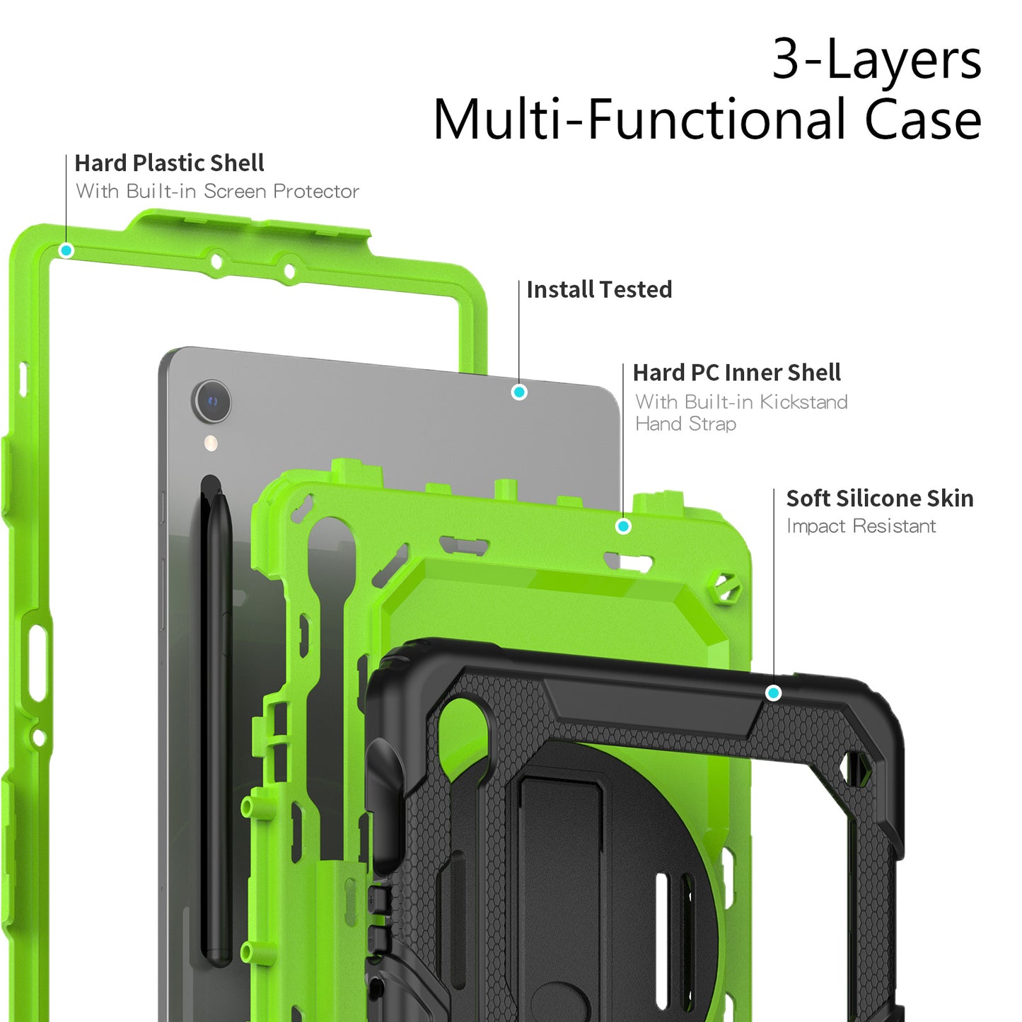 For Samsung Galaxy Tab S9 FE SM-X510 SM-X516B PC+Silicone Cover Kickstand Tablet Case with PET Screen Protector and Hand Strap - Yellow-green+Black