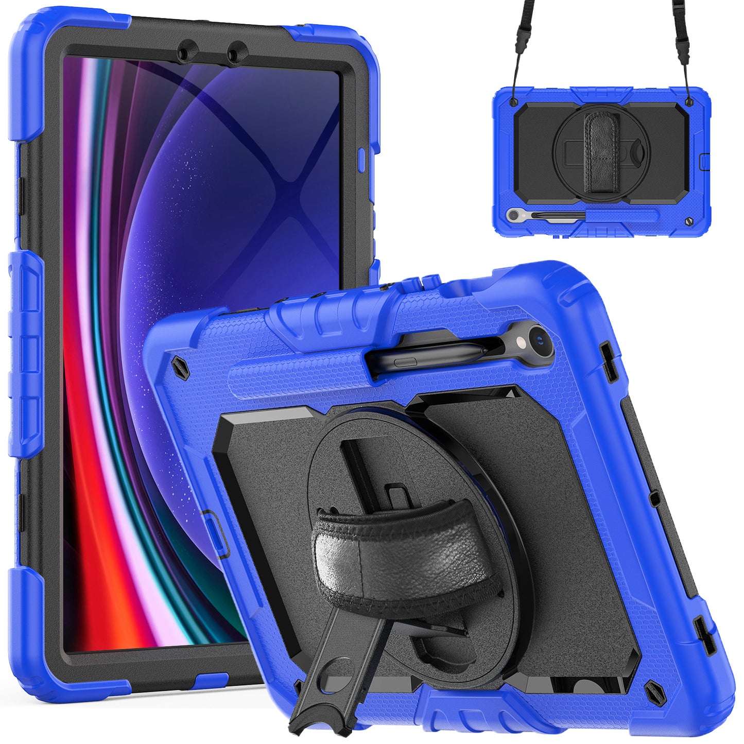 For Samsung Galaxy Tab S9 FE SM-X510 SM-X516B PC+Silicone Cover Kickstand Tablet Case with PET Screen Protector and Hand Strap - Black+Dark Blue