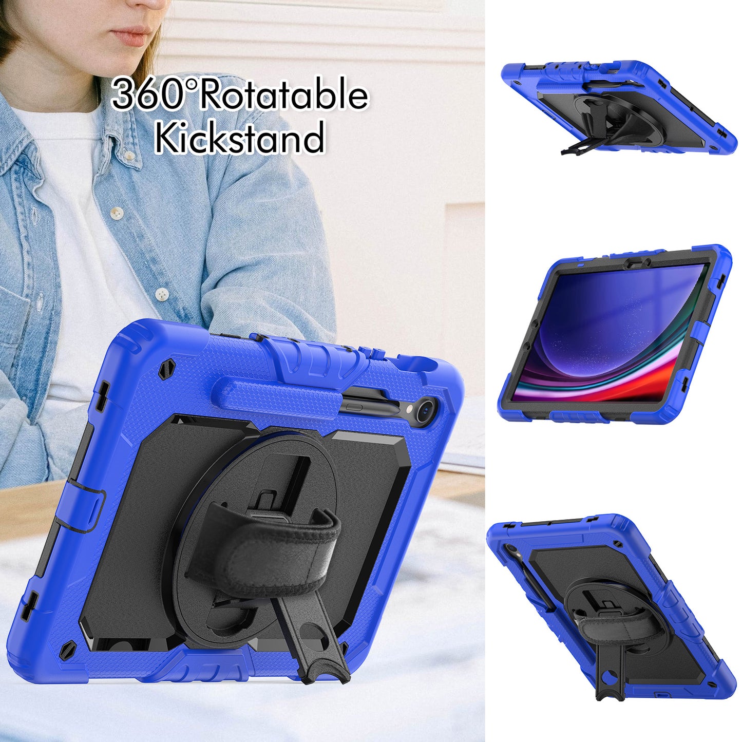 For Samsung Galaxy Tab S9 FE SM-X510 SM-X516B PC+Silicone Cover Kickstand Tablet Case with PET Screen Protector and Hand Strap - Black+Dark Blue