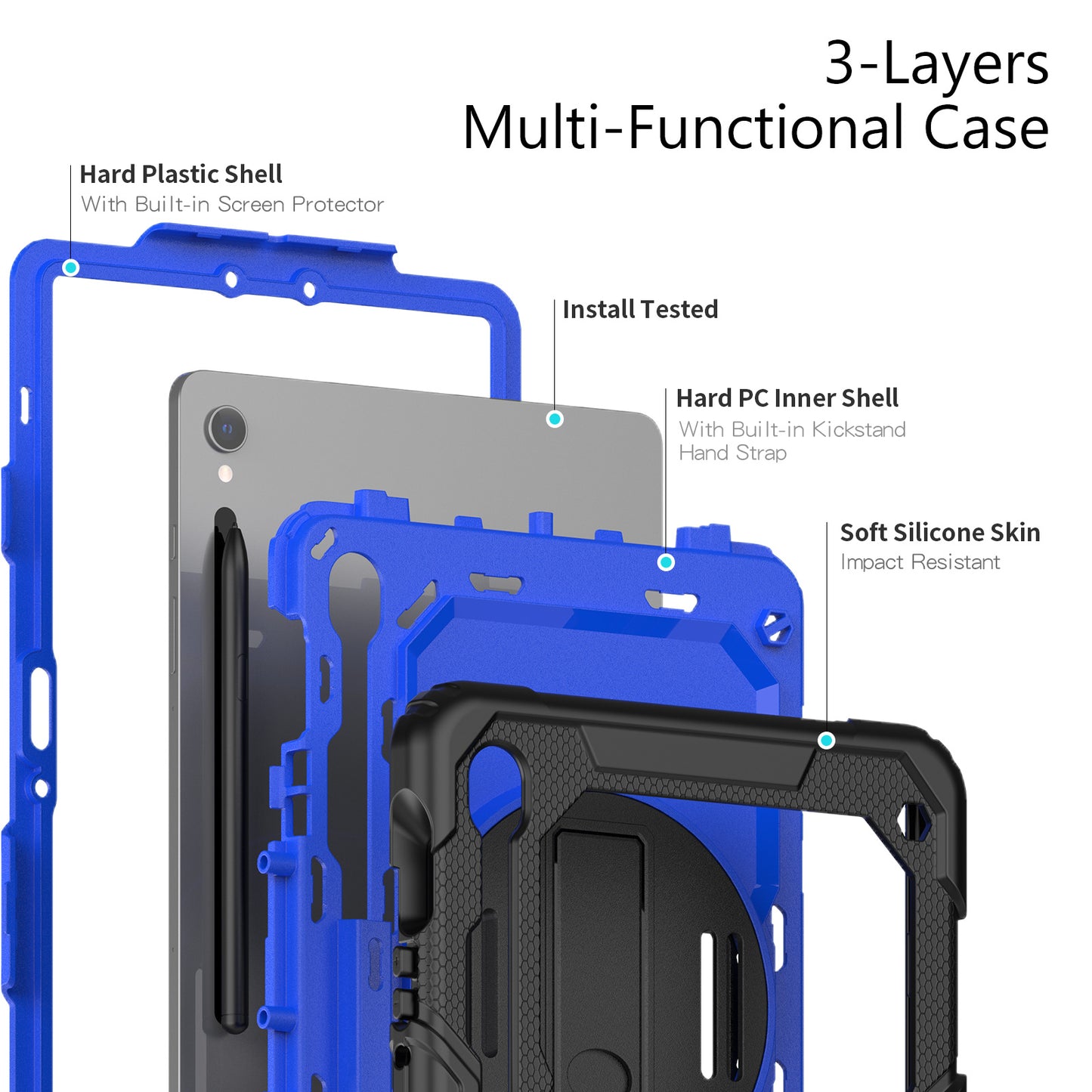 For Samsung Galaxy Tab S9 FE SM-X510 SM-X516B PC+Silicone Cover Kickstand Tablet Case with PET Screen Protector and Hand Strap - Dark Blue+Black