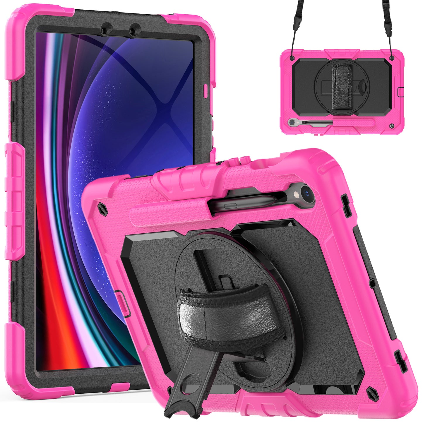 For Samsung Galaxy Tab S9 FE SM-X510 SM-X516B PC+Silicone Cover Kickstand Tablet Case with PET Screen Protector and Hand Strap - Black+Rose