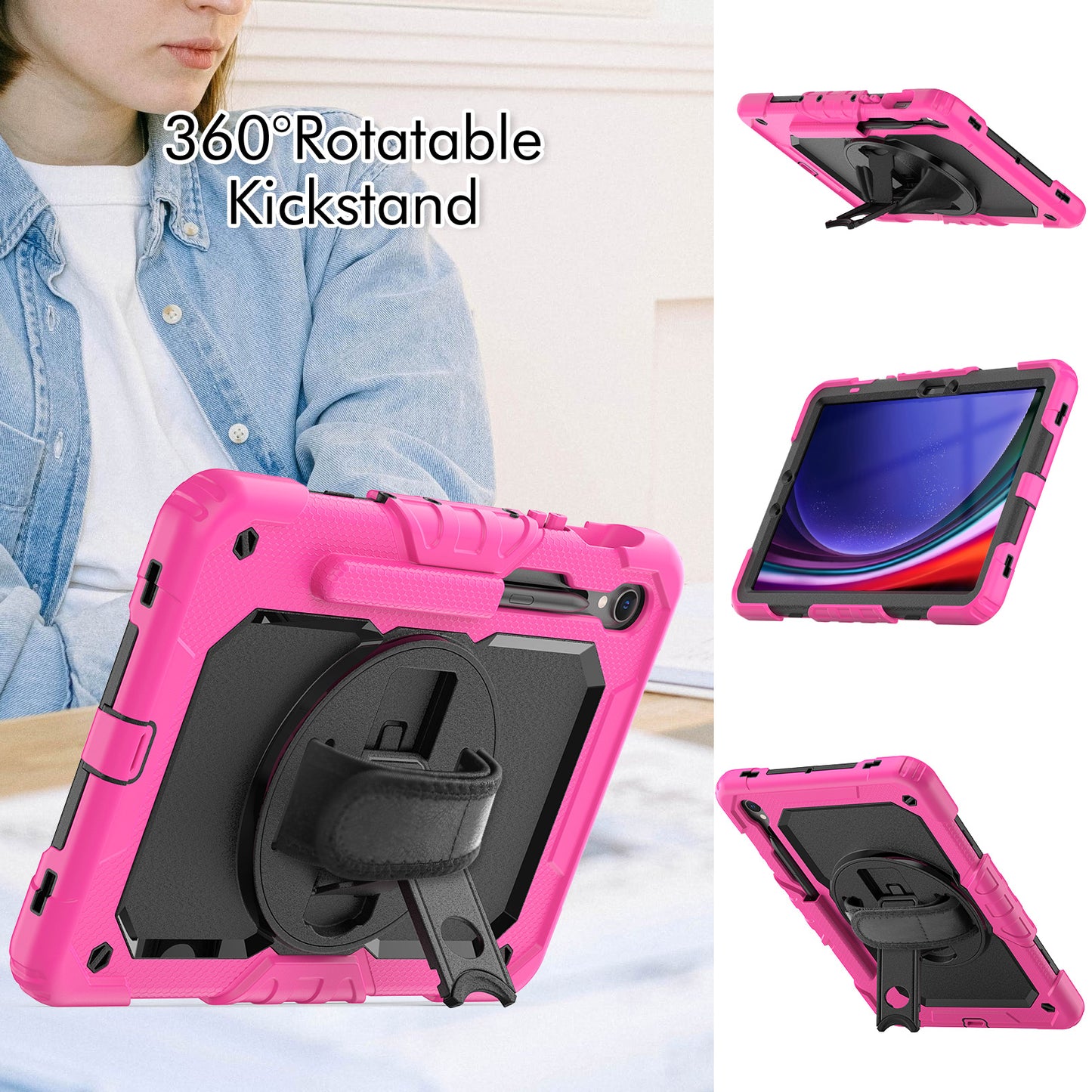 For Samsung Galaxy Tab S9 FE SM-X510 SM-X516B PC+Silicone Cover Kickstand Tablet Case with PET Screen Protector and Hand Strap - Black+Rose