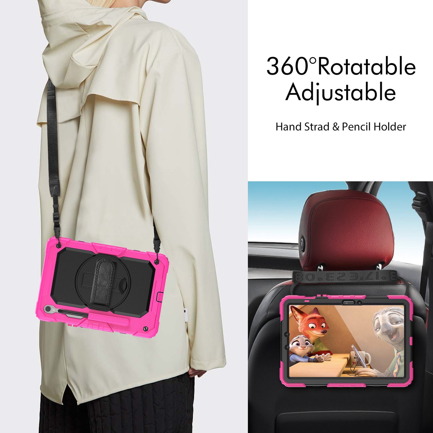 For Samsung Galaxy Tab S9 FE SM-X510 SM-X516B PC+Silicone Cover Kickstand Tablet Case with PET Screen Protector and Hand Strap - Black+Rose