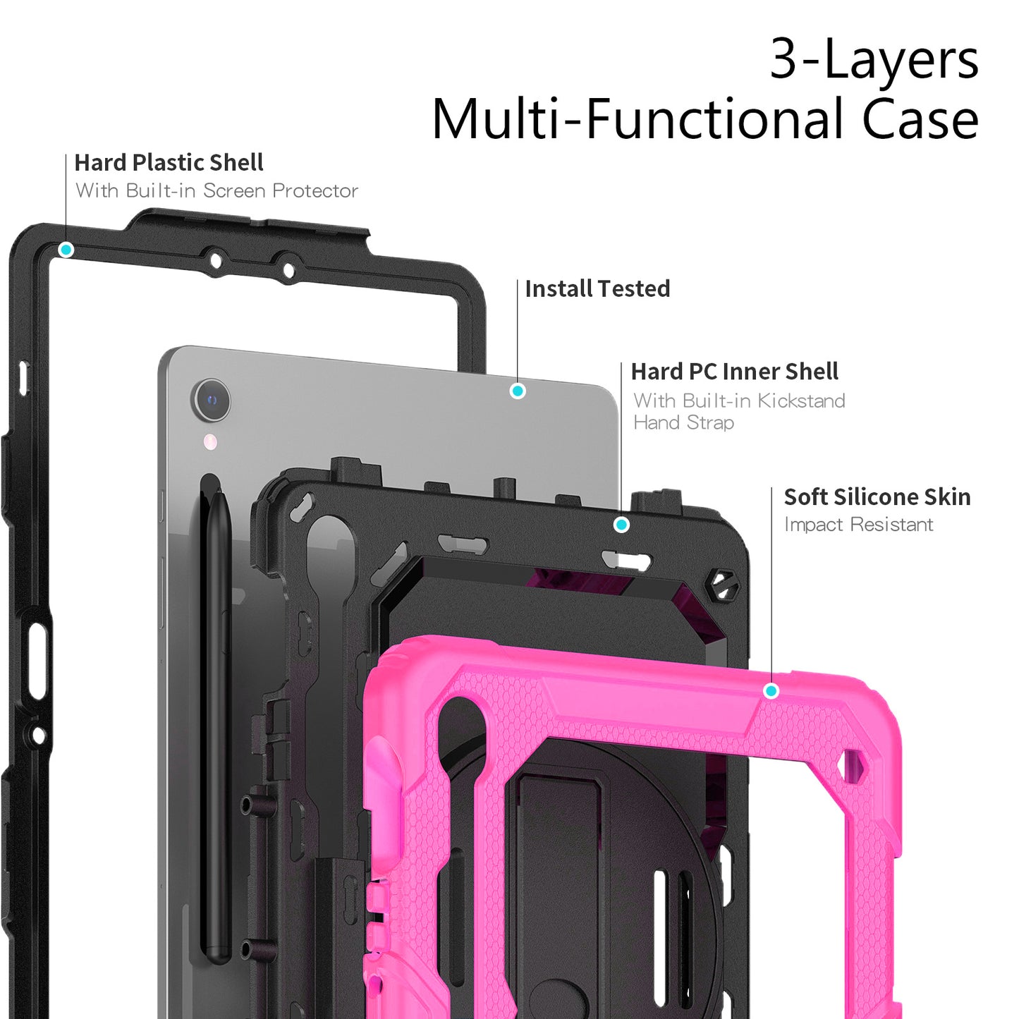 For Samsung Galaxy Tab S9 FE SM-X510 SM-X516B PC+Silicone Cover Kickstand Tablet Case with PET Screen Protector and Hand Strap - Black+Rose