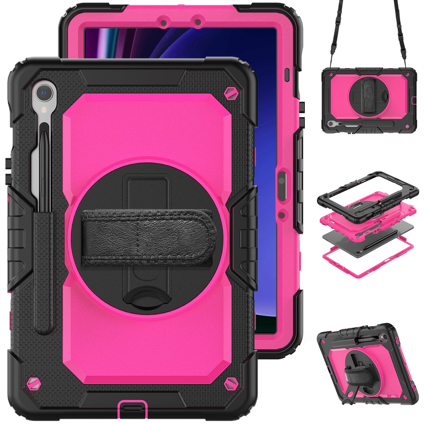 For Samsung Galaxy Tab S9 FE SM-X510 SM-X516B PC+Silicone Cover Kickstand Tablet Case with PET Screen Protector and Hand Strap - Rose+Black