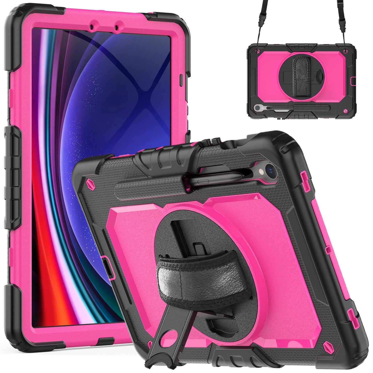 For Samsung Galaxy Tab S9 FE SM-X510 SM-X516B PC+Silicone Cover Kickstand Tablet Case with PET Screen Protector and Hand Strap - Rose+Black