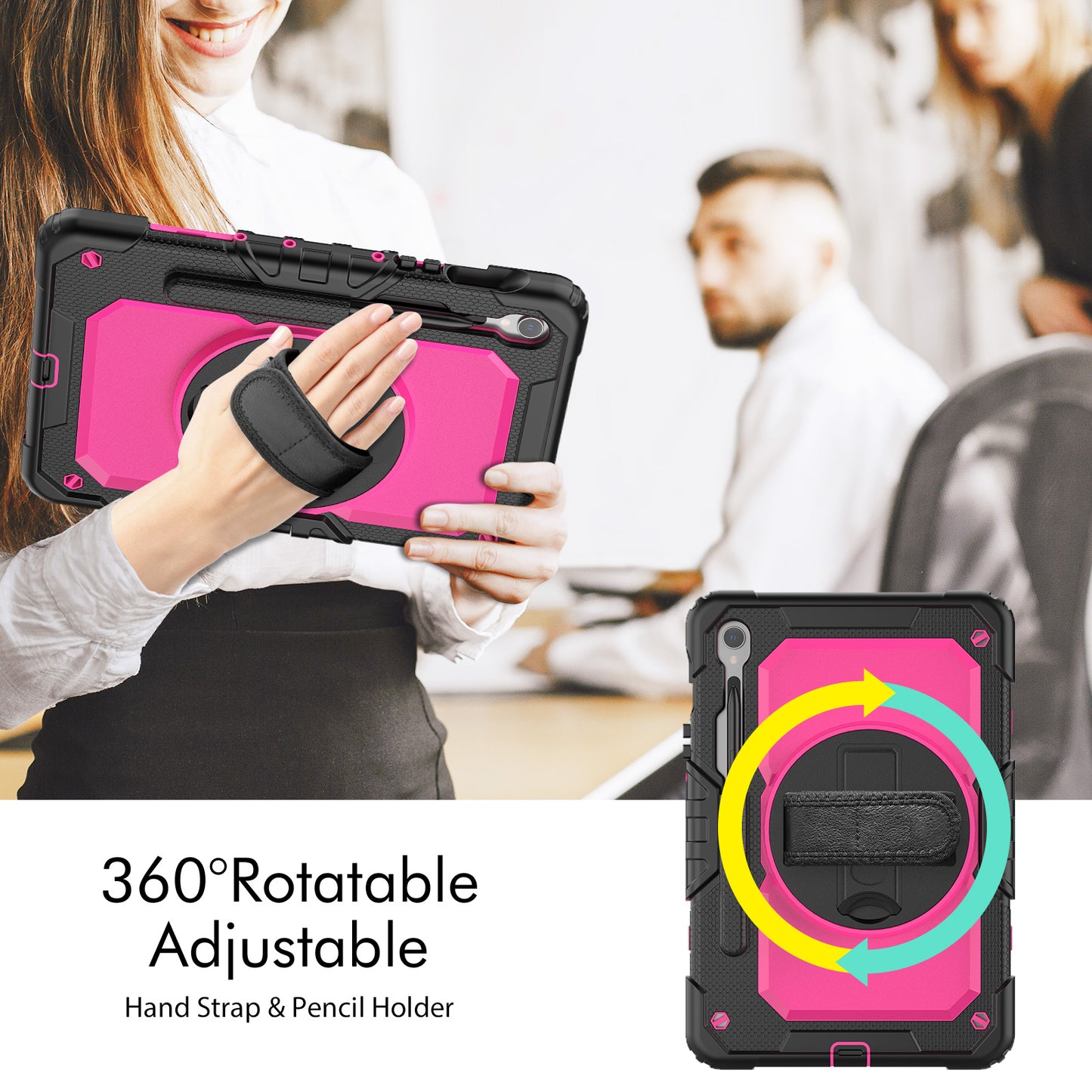 For Samsung Galaxy Tab S9 FE SM-X510 SM-X516B PC+Silicone Cover Kickstand Tablet Case with PET Screen Protector and Hand Strap - Rose+Black