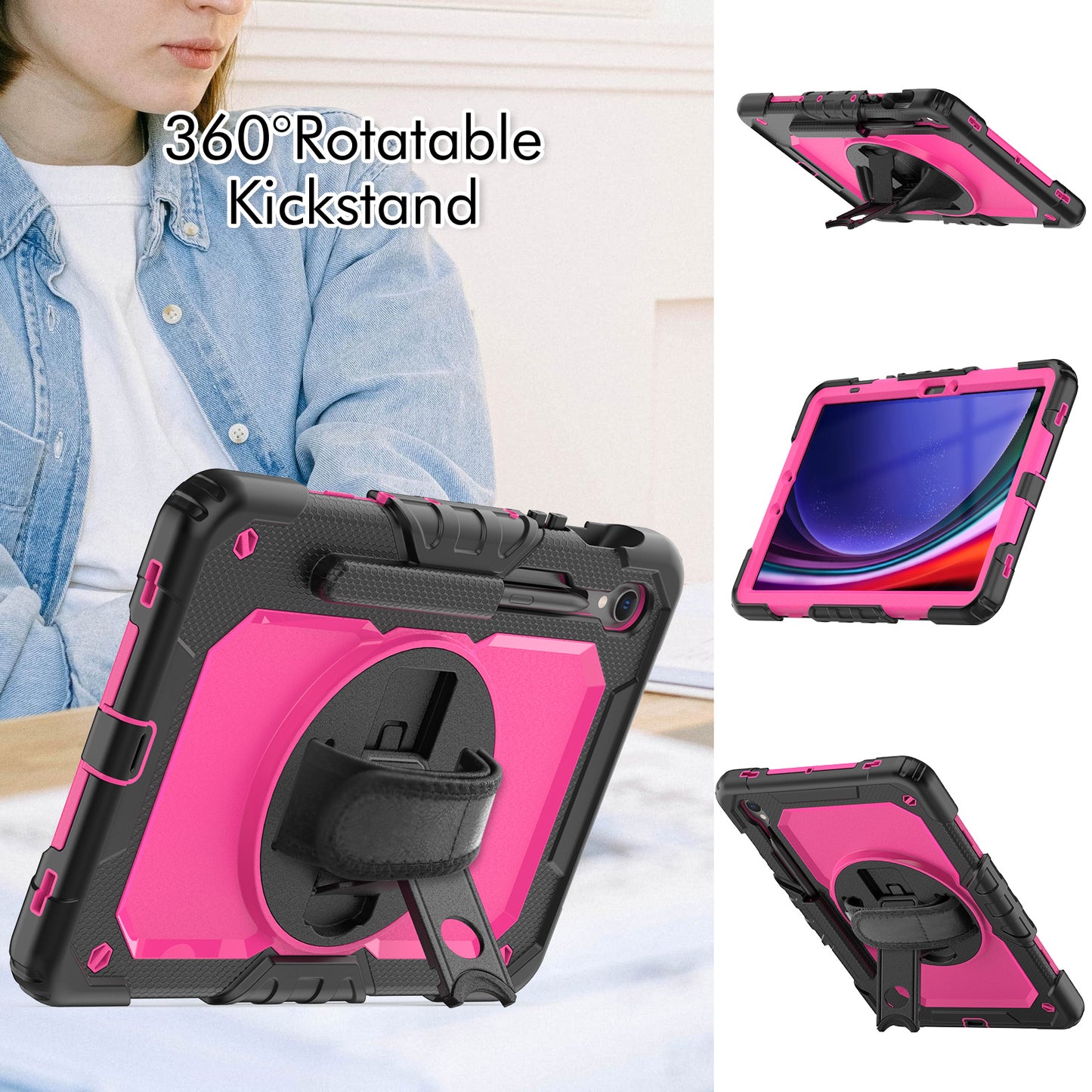 For Samsung Galaxy Tab S9 FE SM-X510 SM-X516B PC+Silicone Cover Kickstand Tablet Case with PET Screen Protector and Hand Strap - Rose+Black