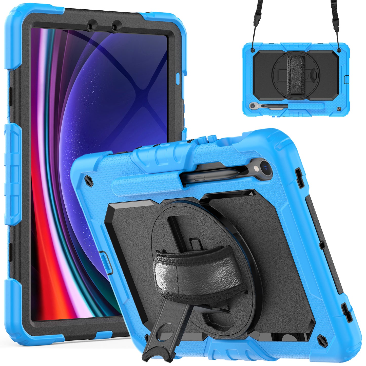 For Samsung Galaxy Tab S9 FE SM-X510 SM-X516B PC+Silicone Cover Kickstand Tablet Case with PET Screen Protector and Hand Strap - Black+Blue