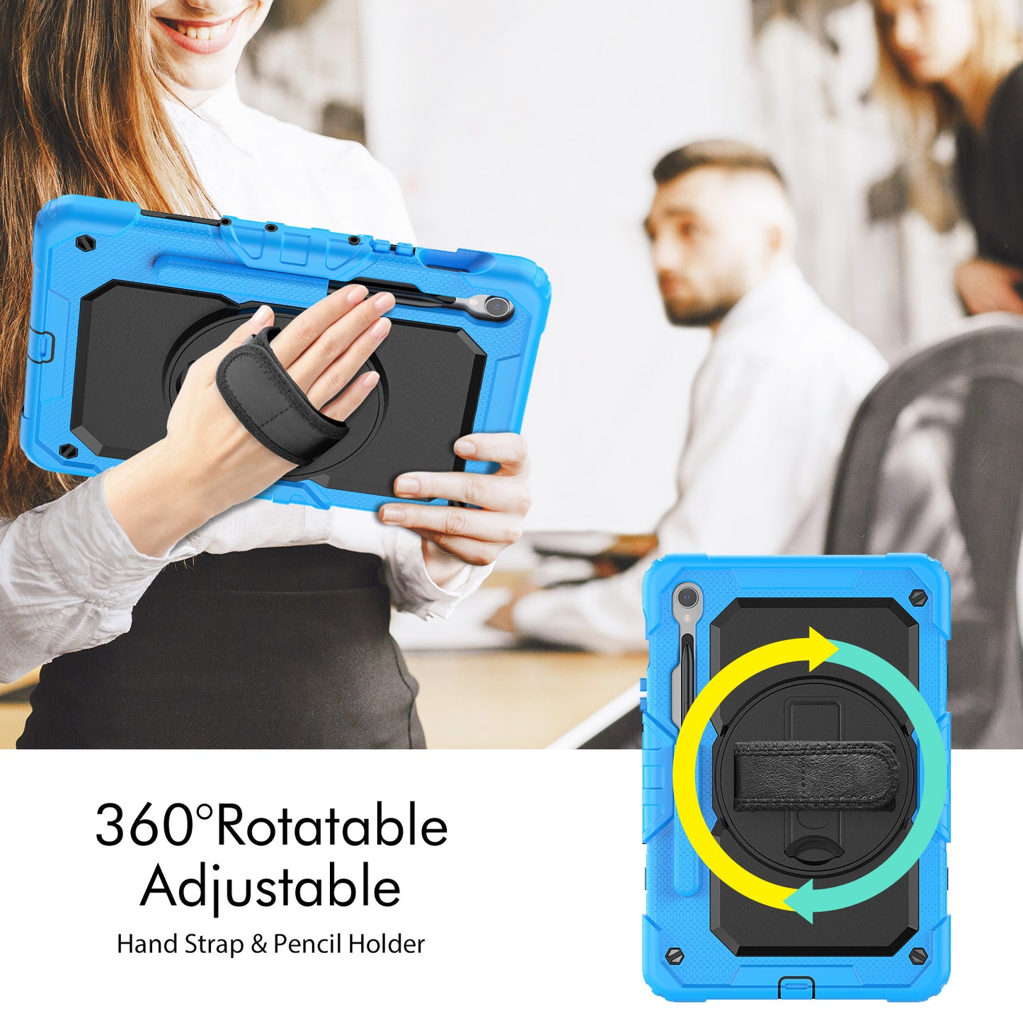 For Samsung Galaxy Tab S9 FE SM-X510 SM-X516B PC+Silicone Cover Kickstand Tablet Case with PET Screen Protector and Hand Strap - Black+Blue