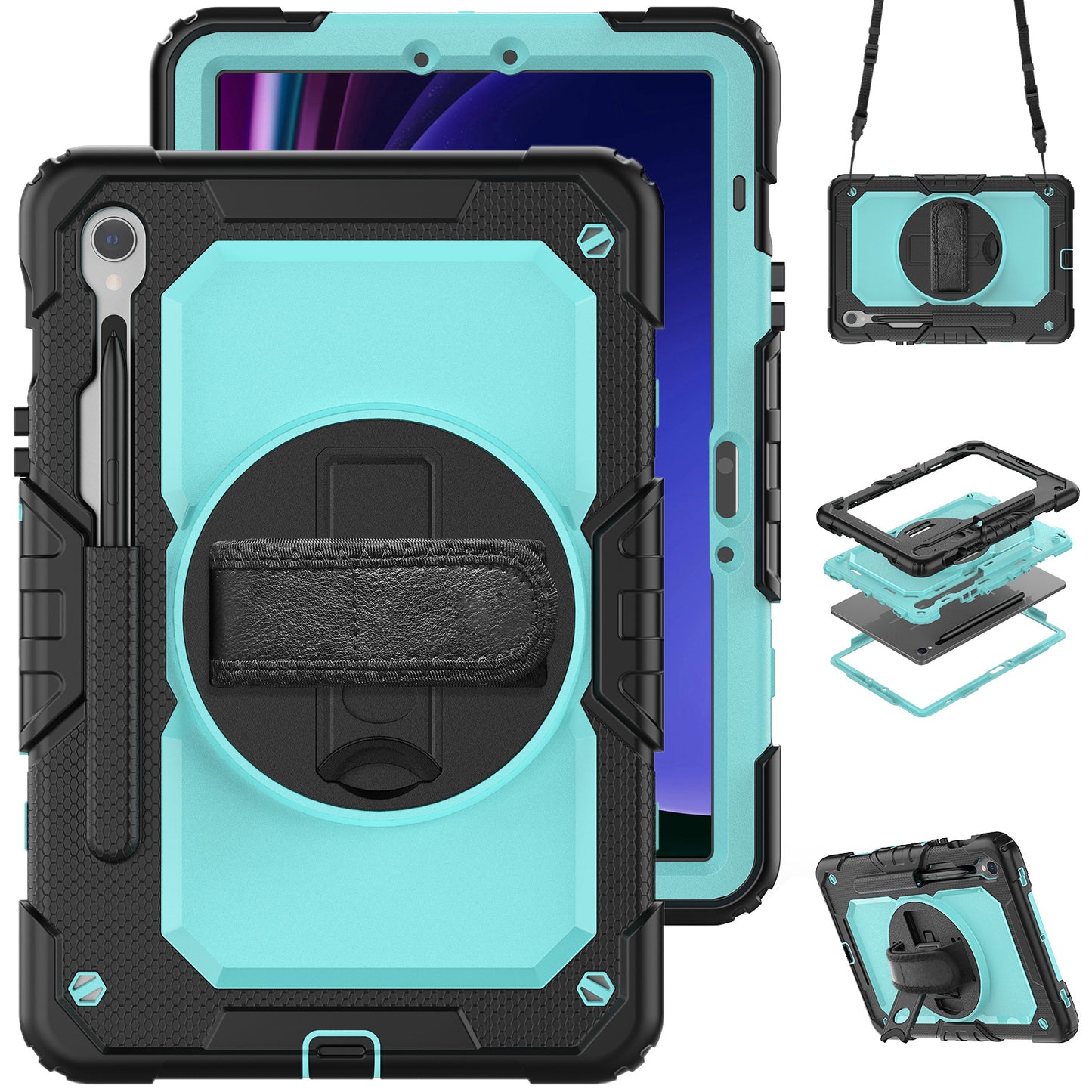 For Samsung Galaxy Tab S9 FE SM-X510 SM-X516B PC+Silicone Cover Kickstand Tablet Case with PET Screen Protector and Hand Strap - Light Blue+Black