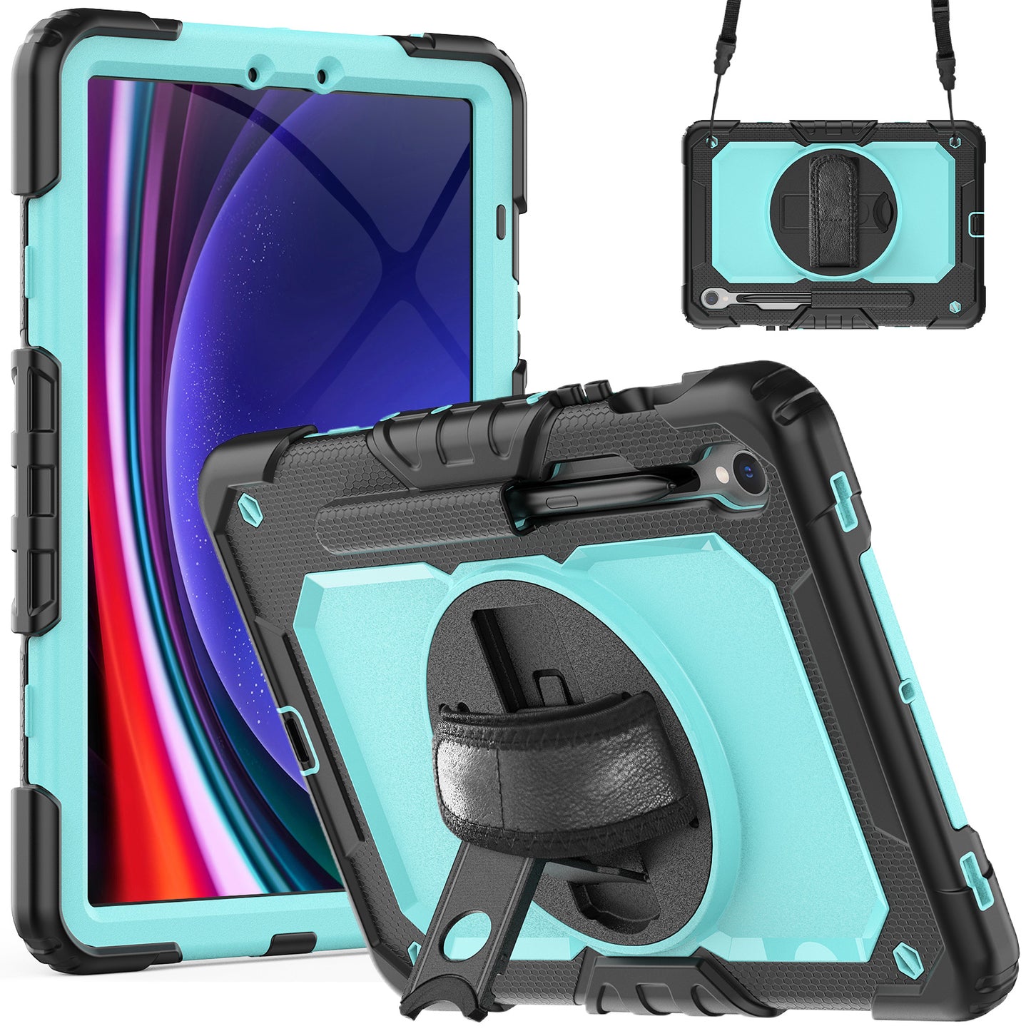 For Samsung Galaxy Tab S9 FE SM-X510 SM-X516B PC+Silicone Cover Kickstand Tablet Case with PET Screen Protector and Hand Strap - Light Blue+Black