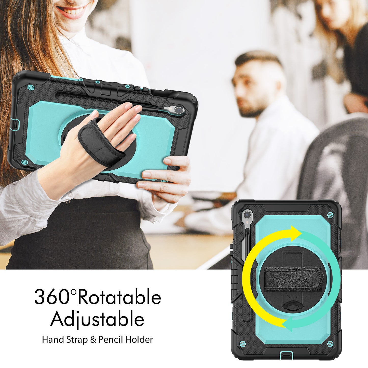 For Samsung Galaxy Tab S9 FE SM-X510 SM-X516B PC+Silicone Cover Kickstand Tablet Case with PET Screen Protector and Hand Strap - Light Blue+Black