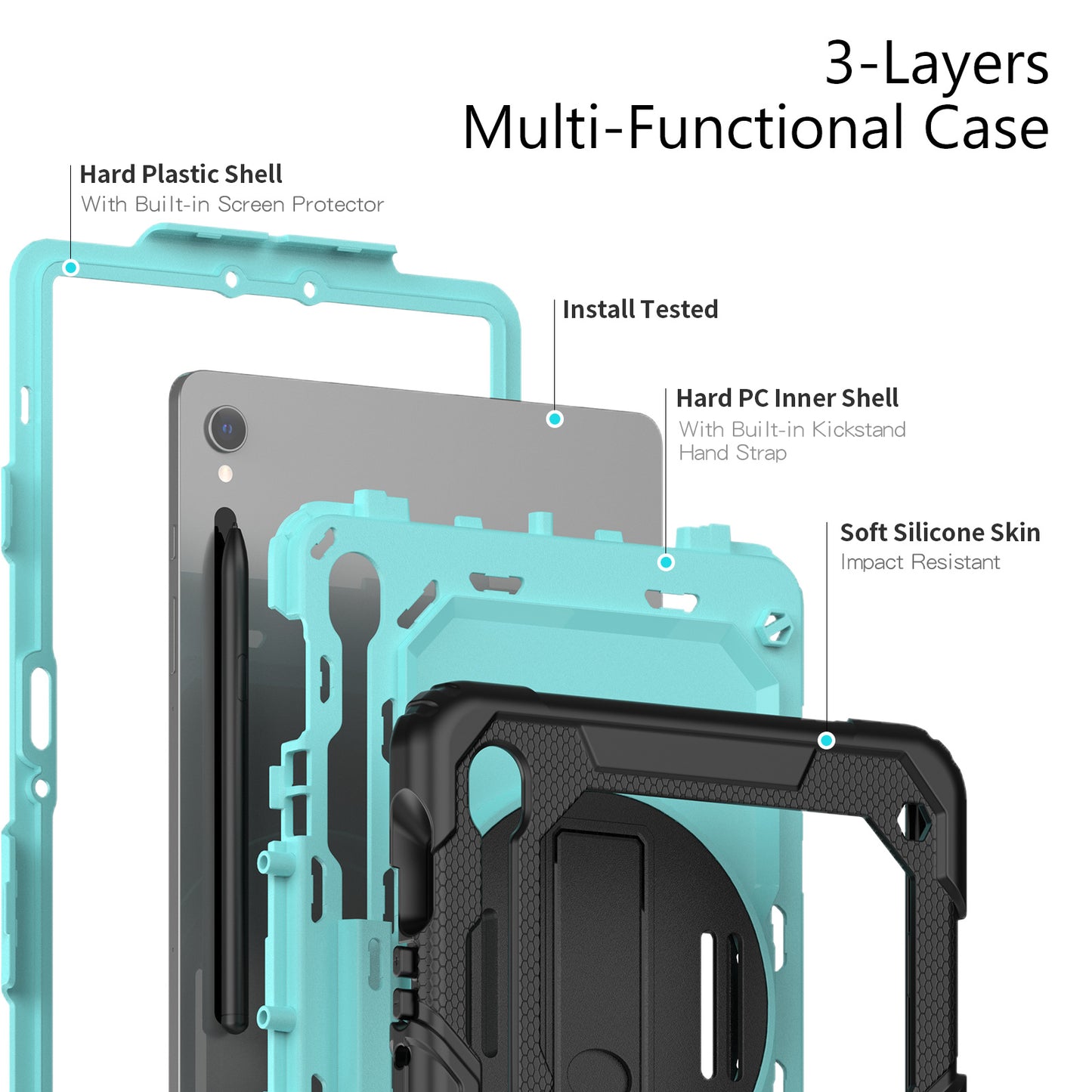 For Samsung Galaxy Tab S9 FE SM-X510 SM-X516B PC+Silicone Cover Kickstand Tablet Case with PET Screen Protector and Hand Strap - Light Blue+Black