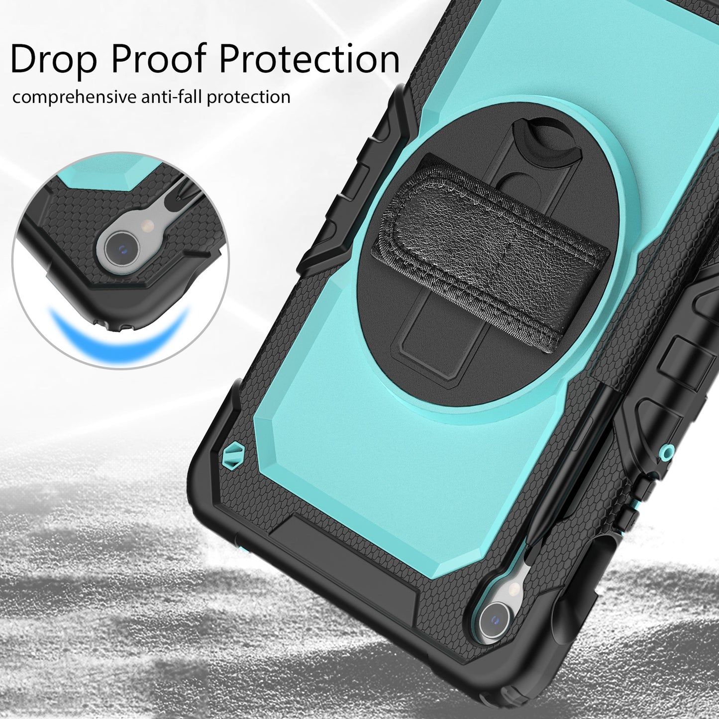 For Samsung Galaxy Tab S9 FE SM-X510 SM-X516B PC+Silicone Cover Kickstand Tablet Case with PET Screen Protector and Hand Strap - Light Blue+Black