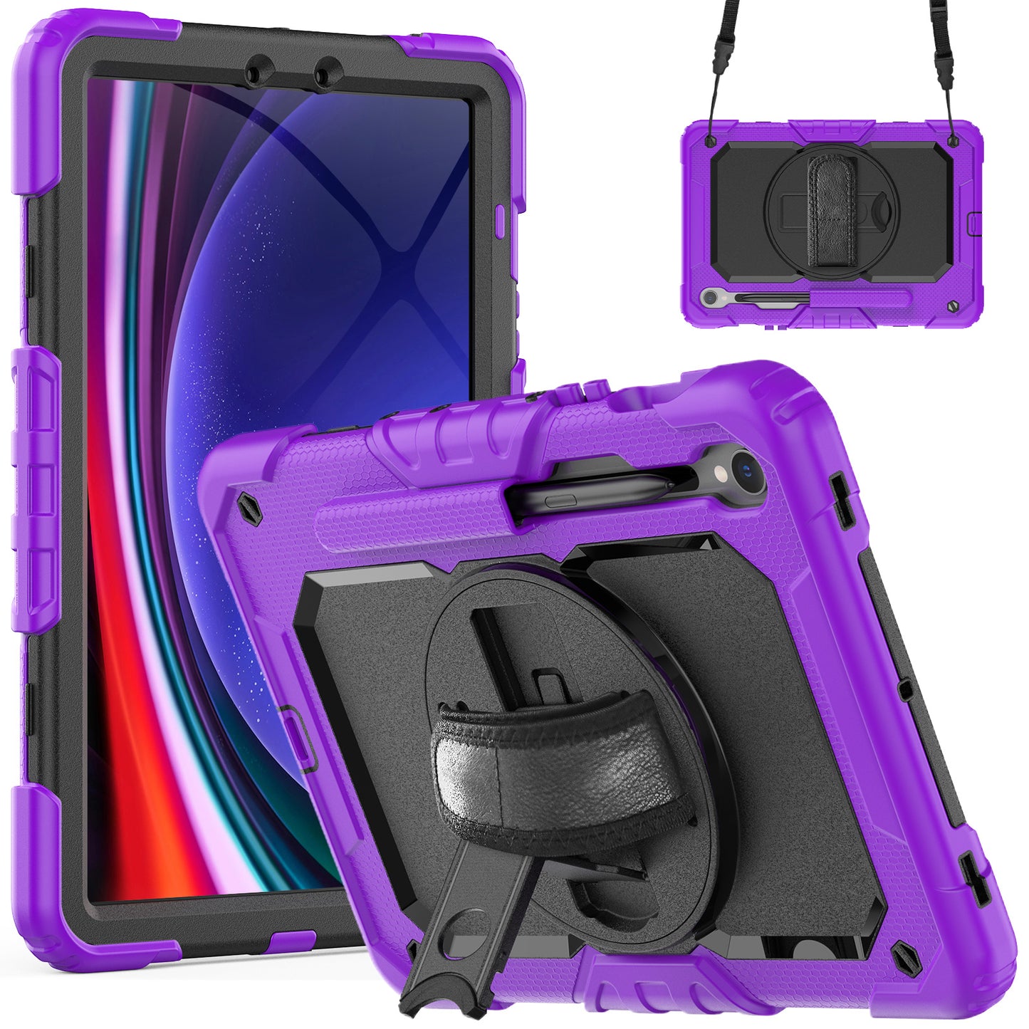 For Samsung Galaxy Tab S9 FE SM-X510 SM-X516B PC+Silicone Cover Kickstand Tablet Case with PET Screen Protector and Hand Strap - Black+Purple